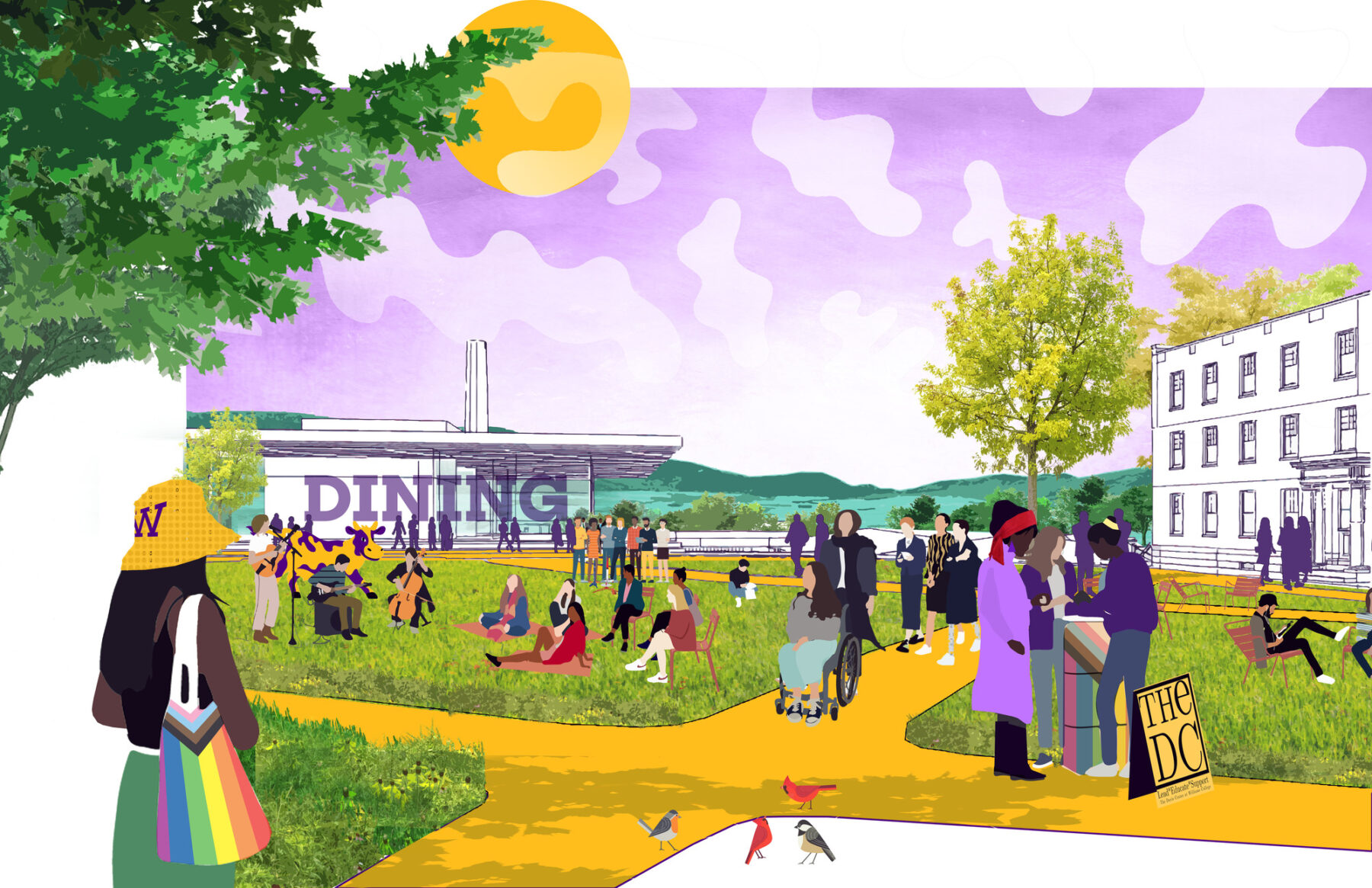 Collaged rendering depicting dining hall situated across a campus quad with pedestrian paths in summertime