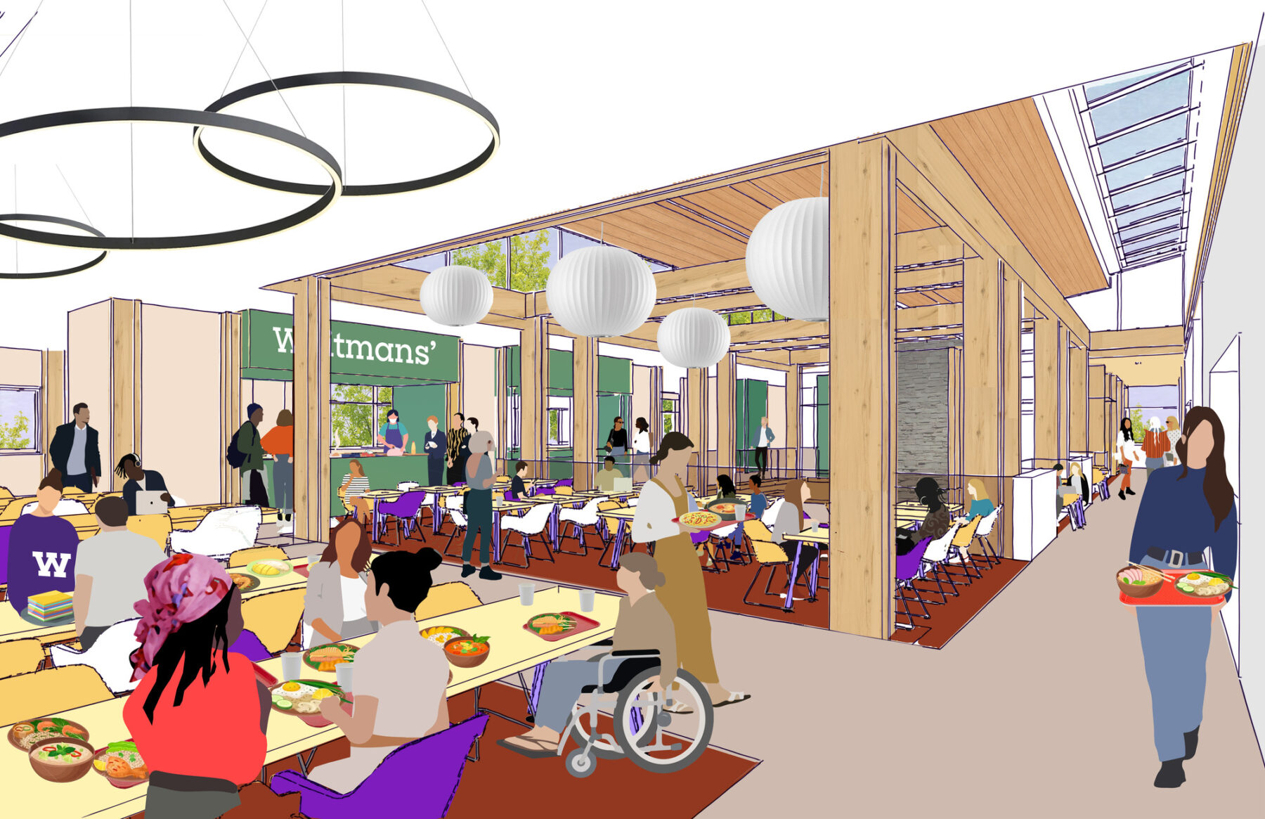 Collaged rendering depicting interior dining hall with people carrying trays of food and sitting at tables