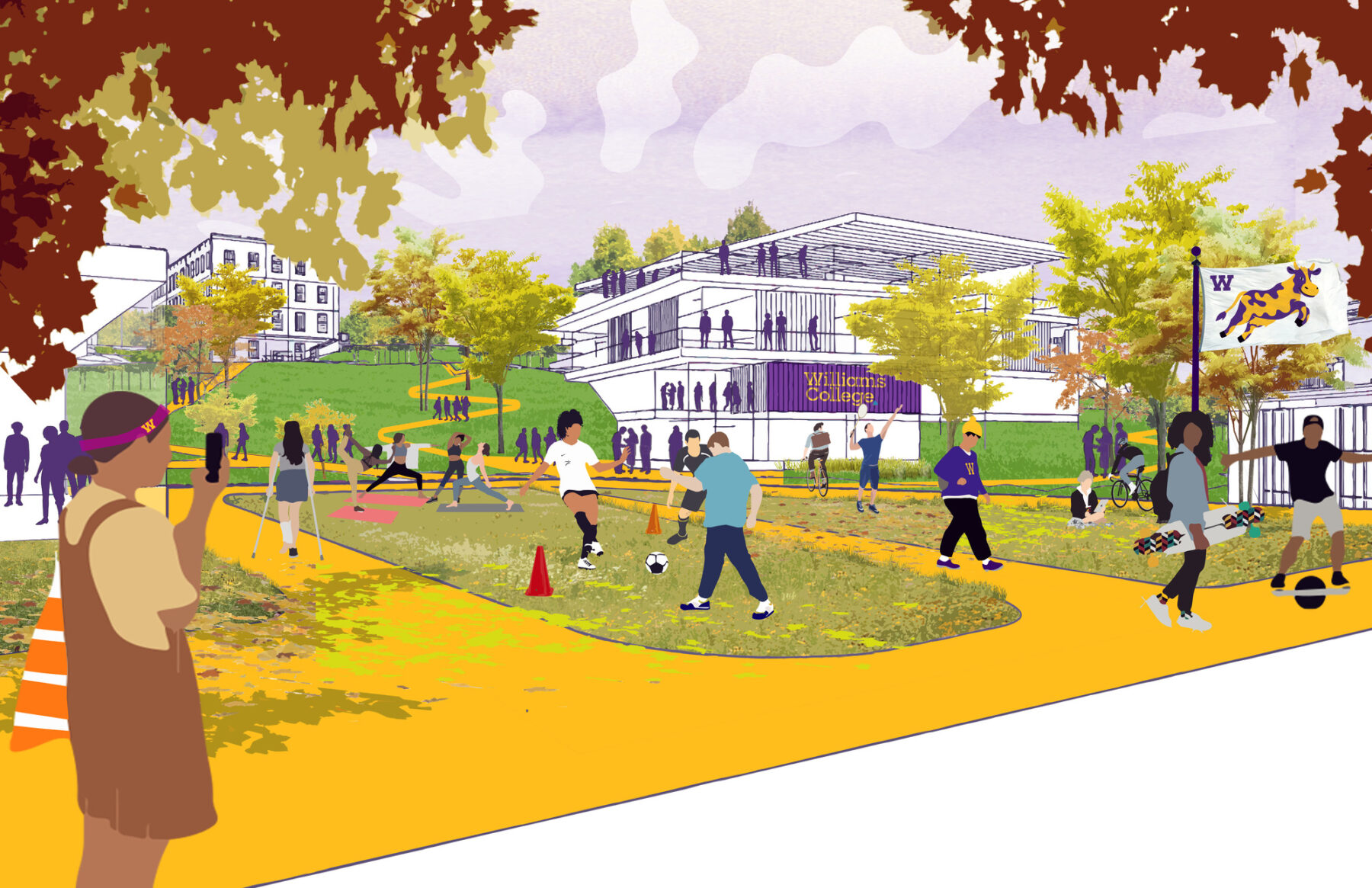 Collaged rendering of Wellness Plaza in Fall