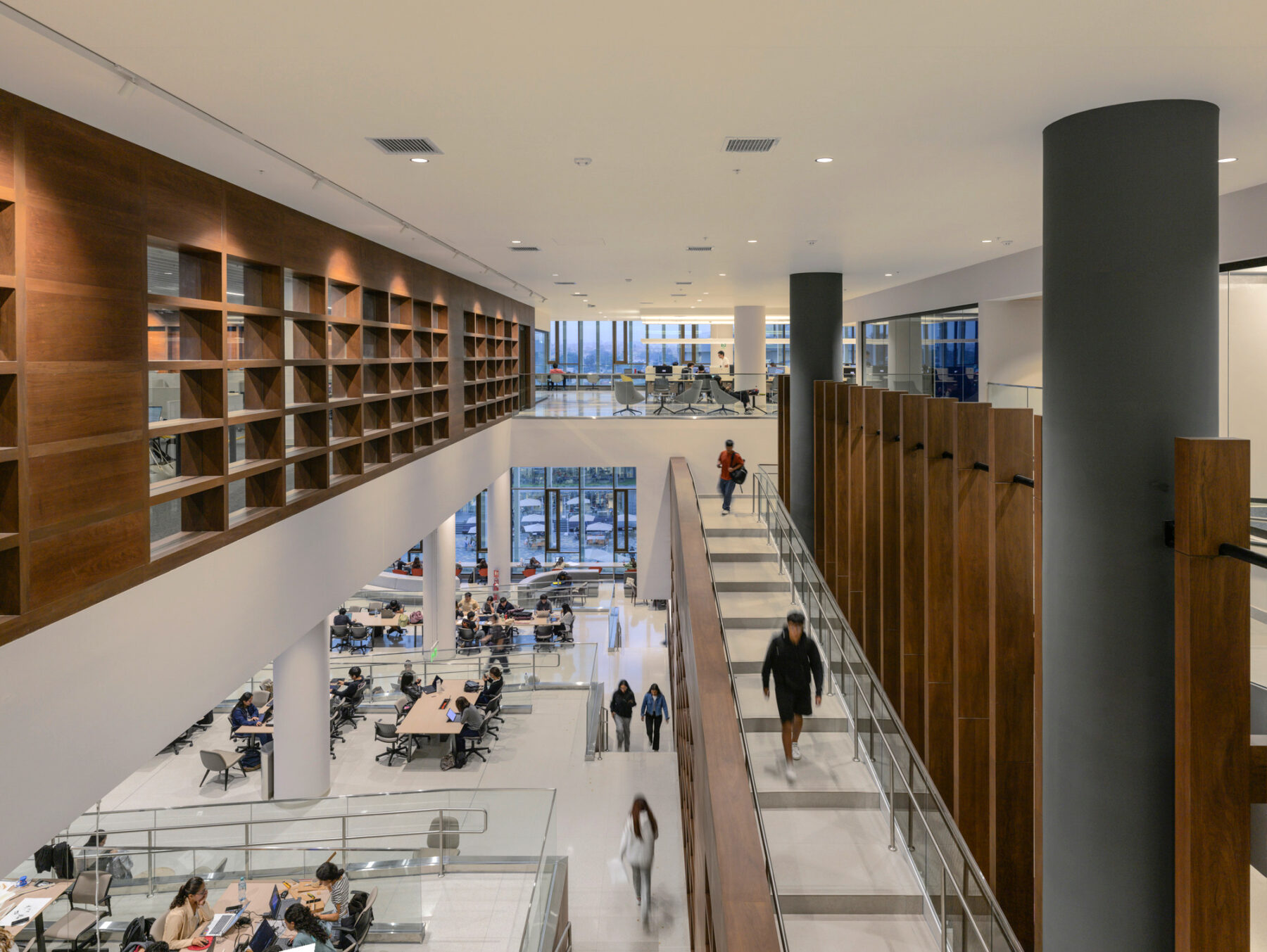 View of terraced learning commons seen from fourth floor balcony