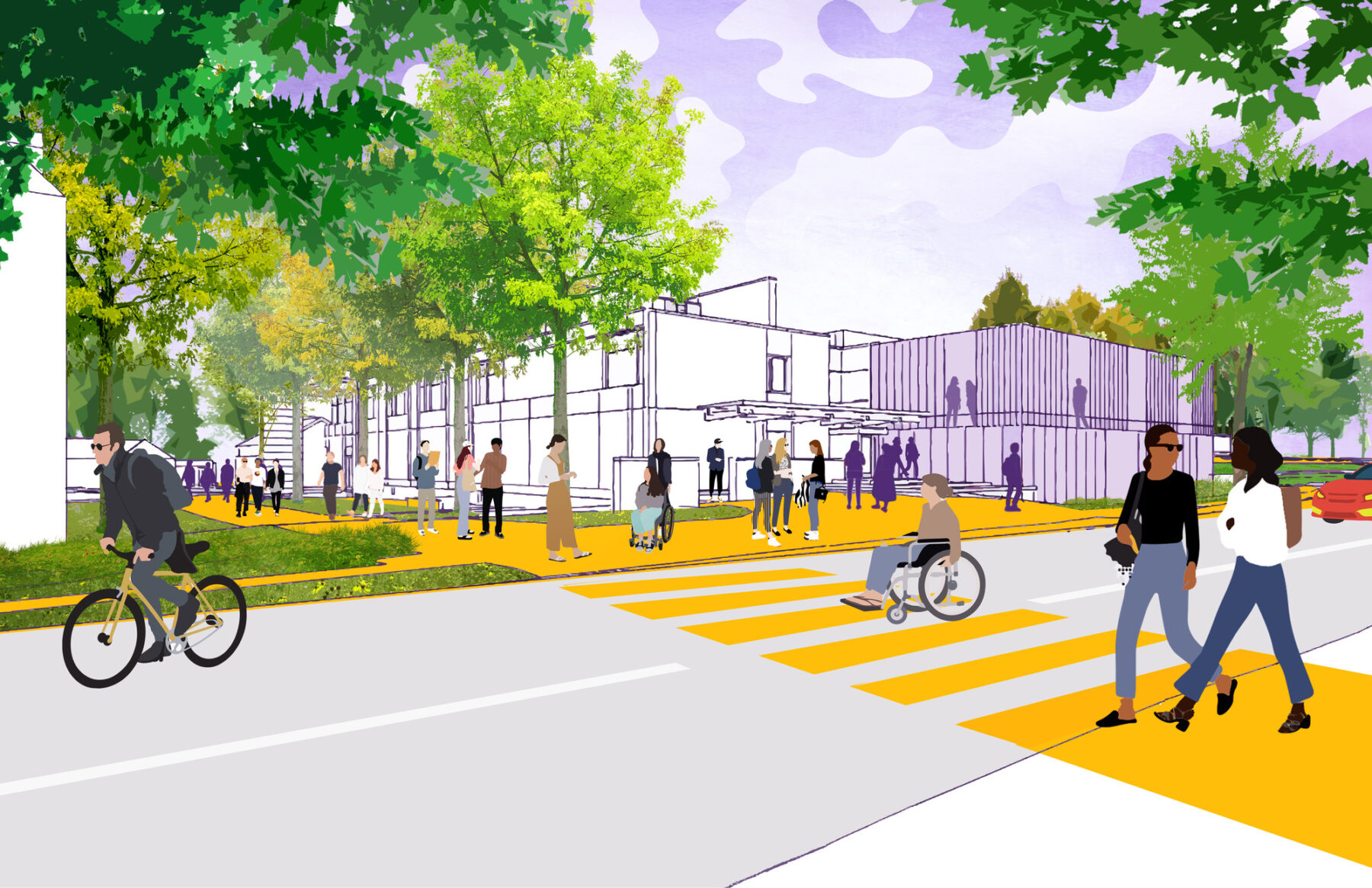 Collaged rendering depicting a pedestrian crossing with bikers and walkers, with building in distance