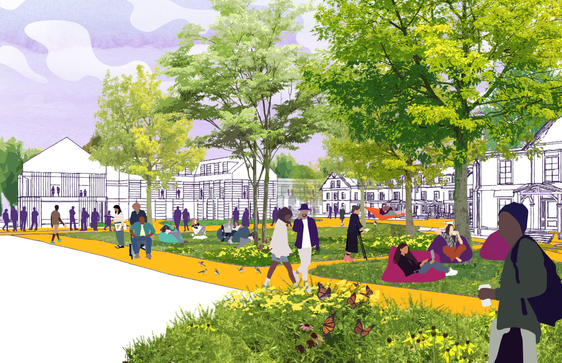 Collaged rendering depicting new residence halls surrounded by lush green planting, lawn, and trees
