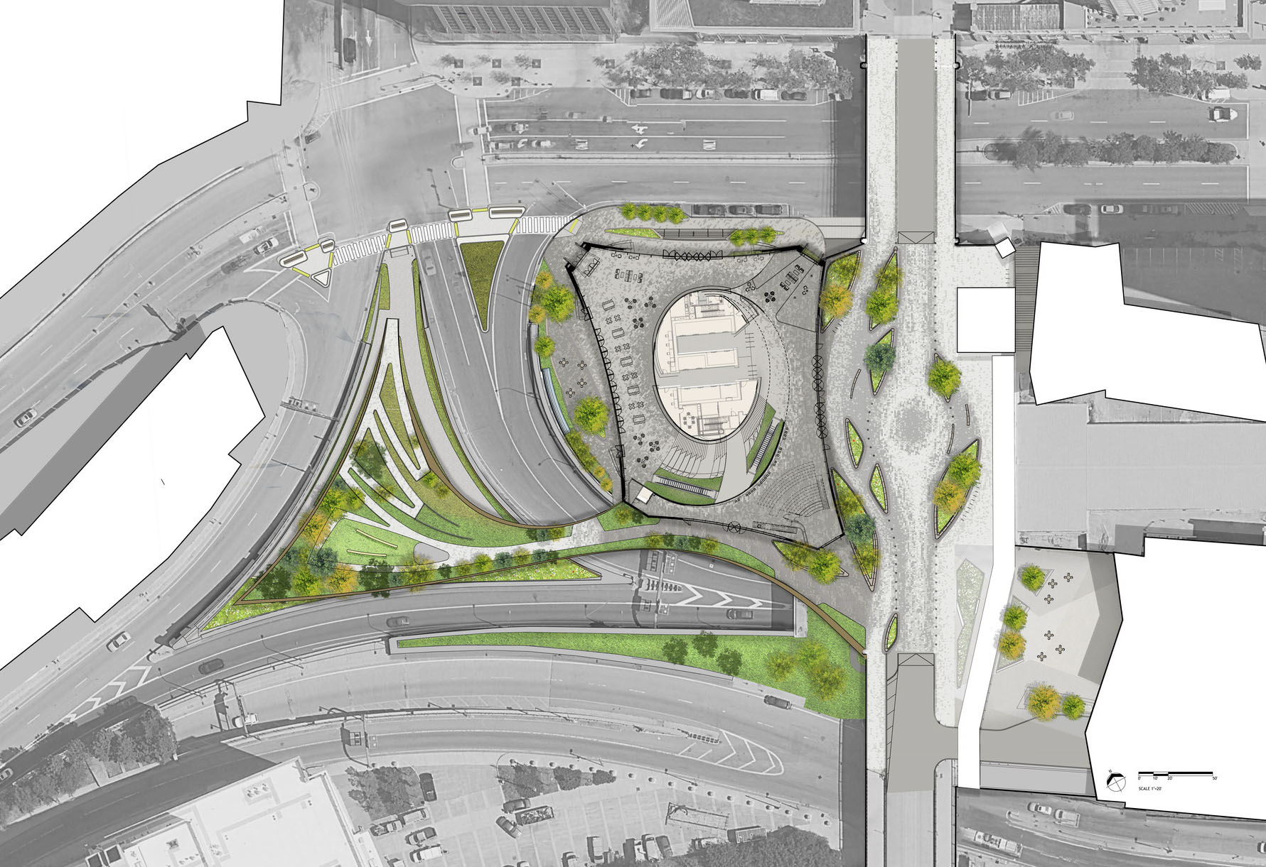 Site plan showing building and land bridge footprint spanning multiple intersections and levels above with a bridge and lower streets