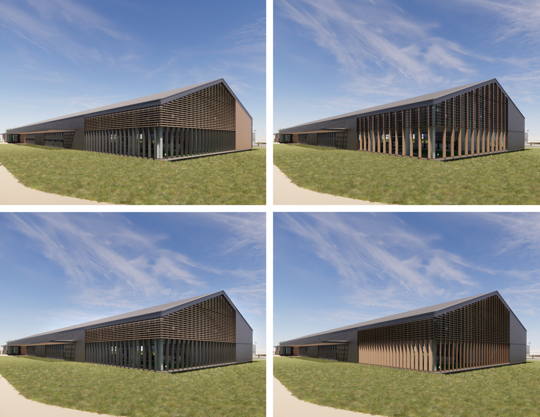 Four renderings of a building exterior showing different facade options