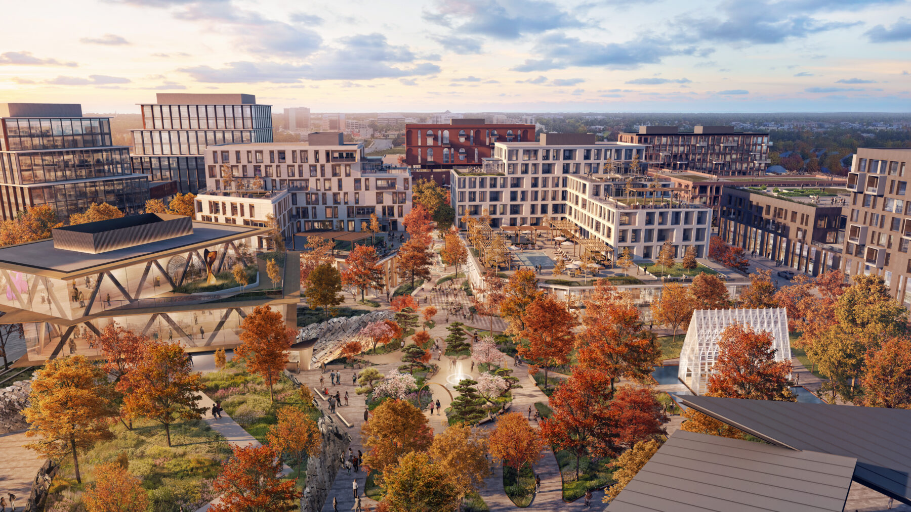Rendered aerial view of downtown Rogers in the autumn with fall foliage