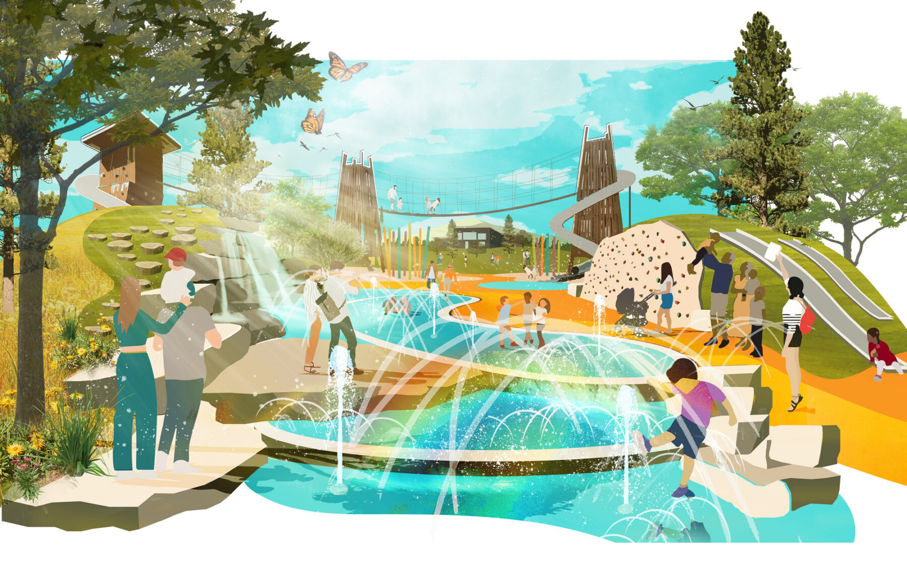 Collaged rendering of park play area with dynamic water features