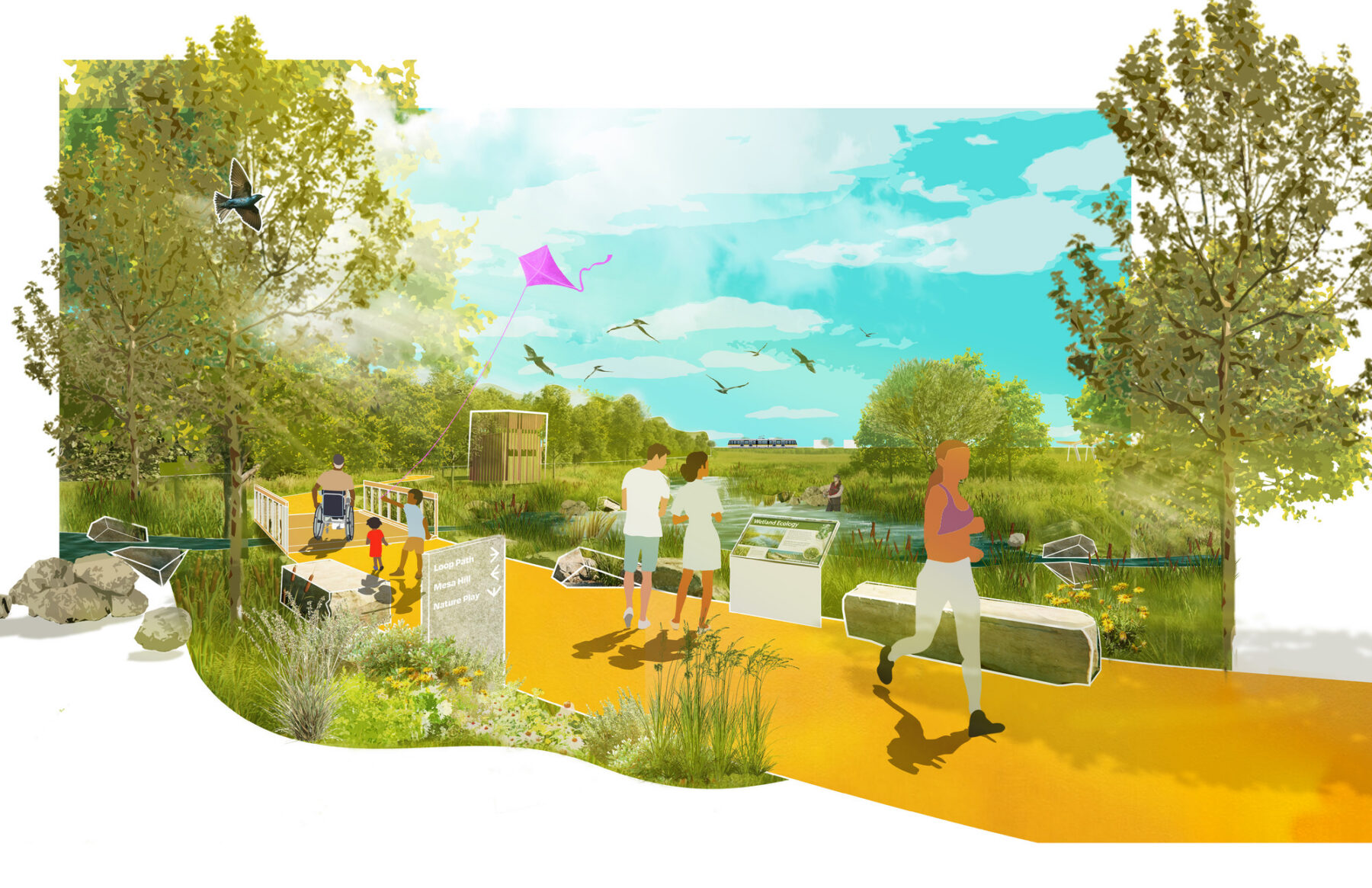 Collaged rendering of flow through wetland area of park with runners and other park goers enjoying the views and site features
