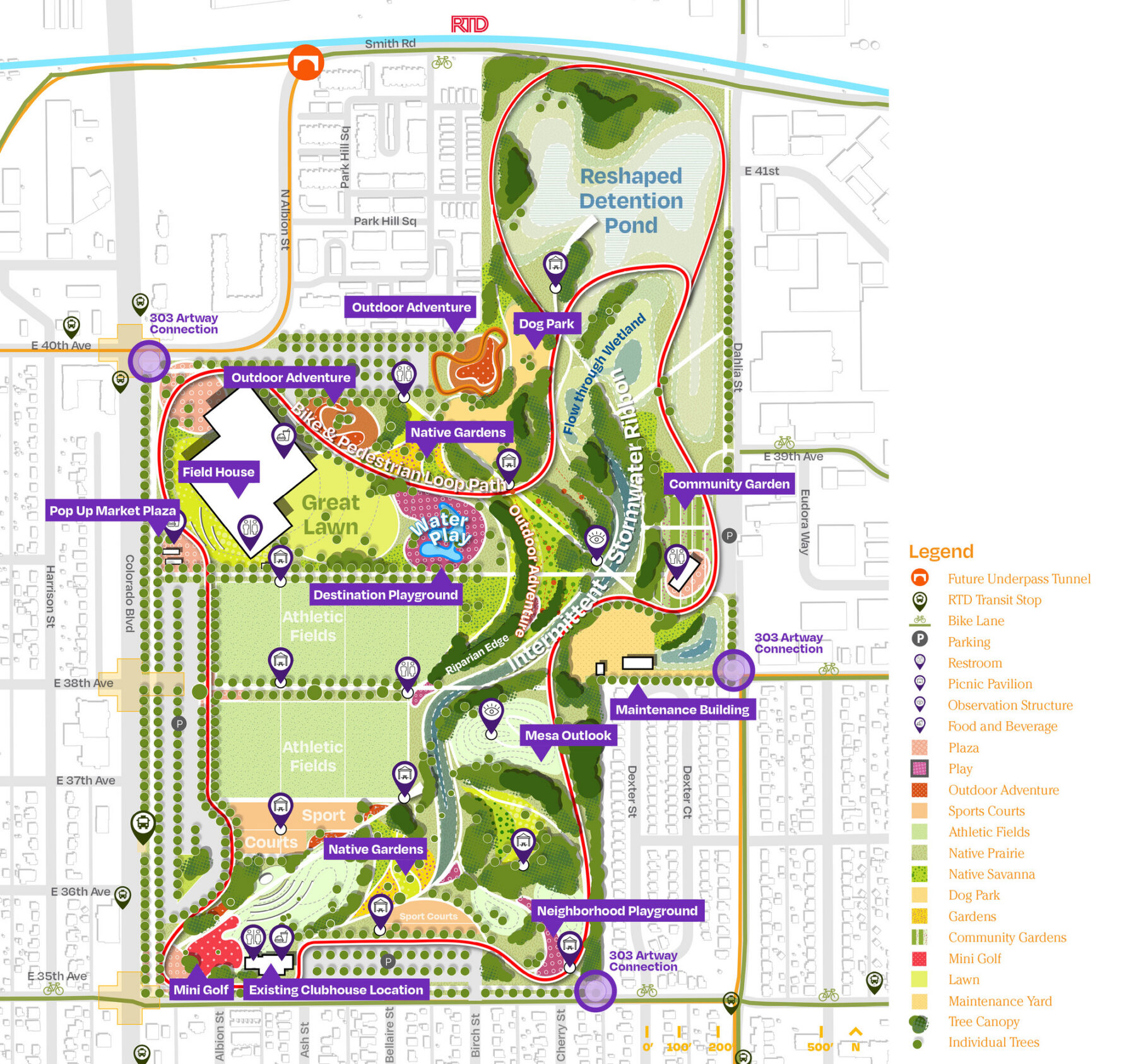 Overall park framework plan with legend and annotations for notable spaces and park amentities