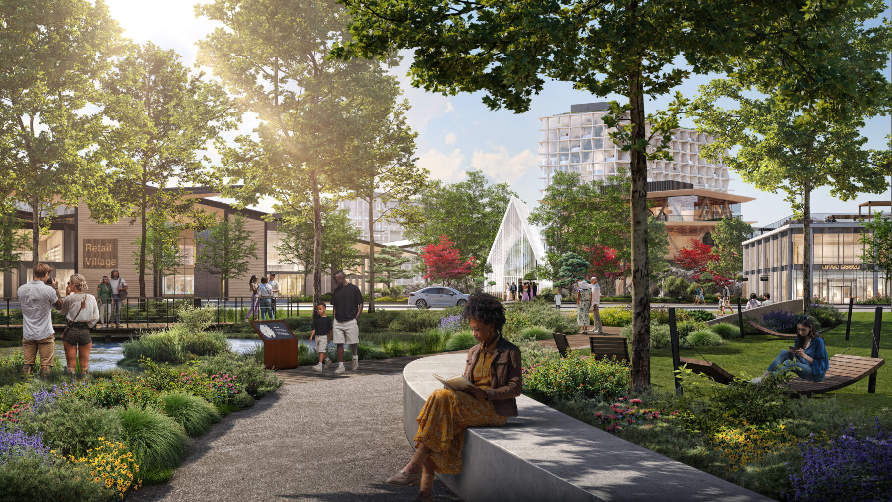 Rendered view of Downtown Park with people enjoying places to sit in the shade and lush planting