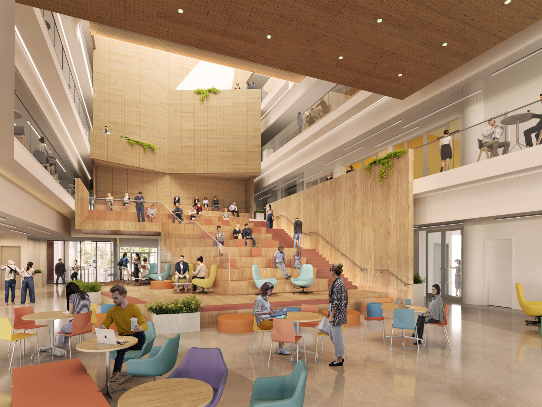 Rendering of Entry Lobby and Master Stage Forum with wood panel finishes and brightly colored furniture