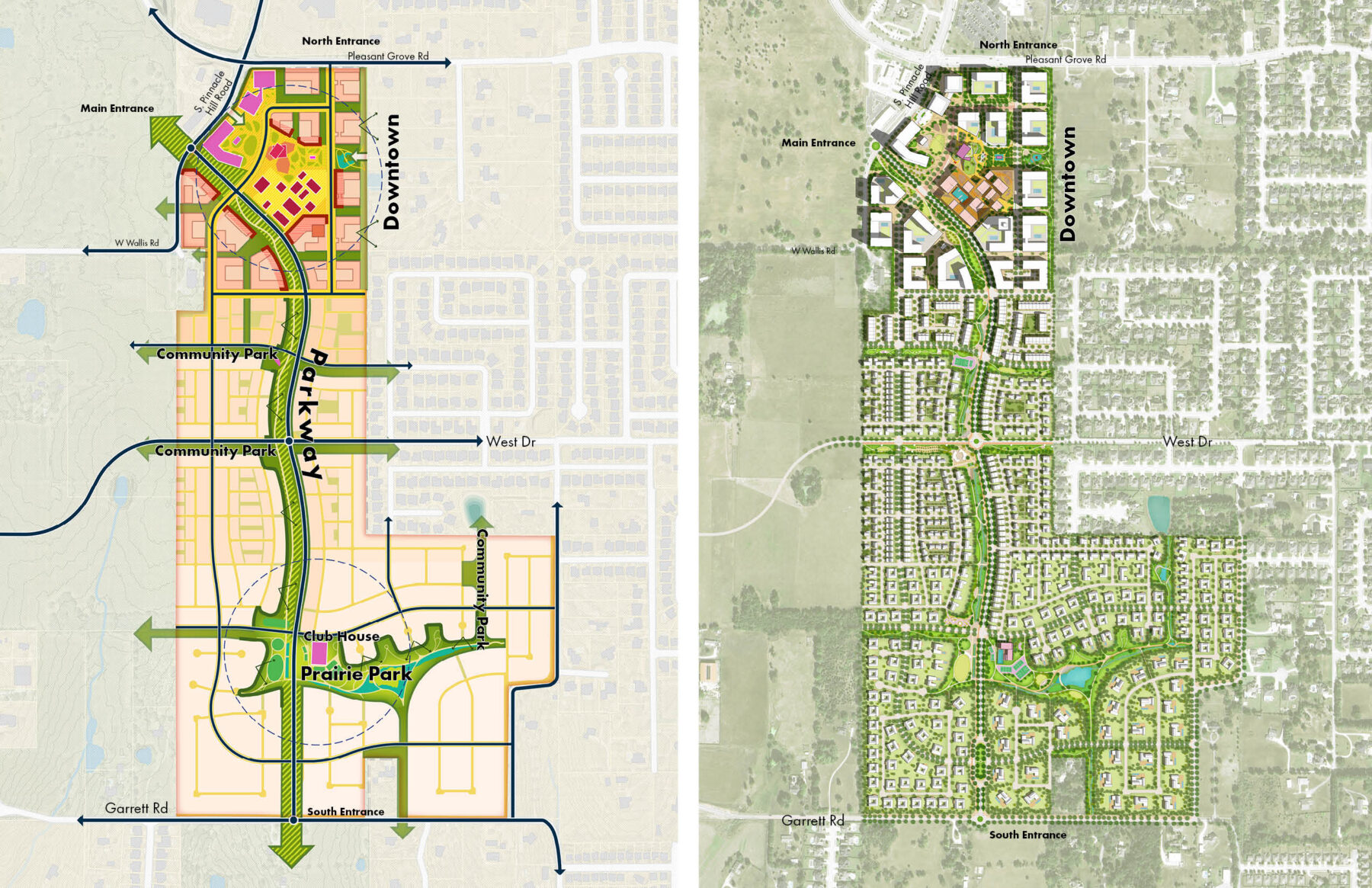 2 site plans illustrating the organizing frameworks