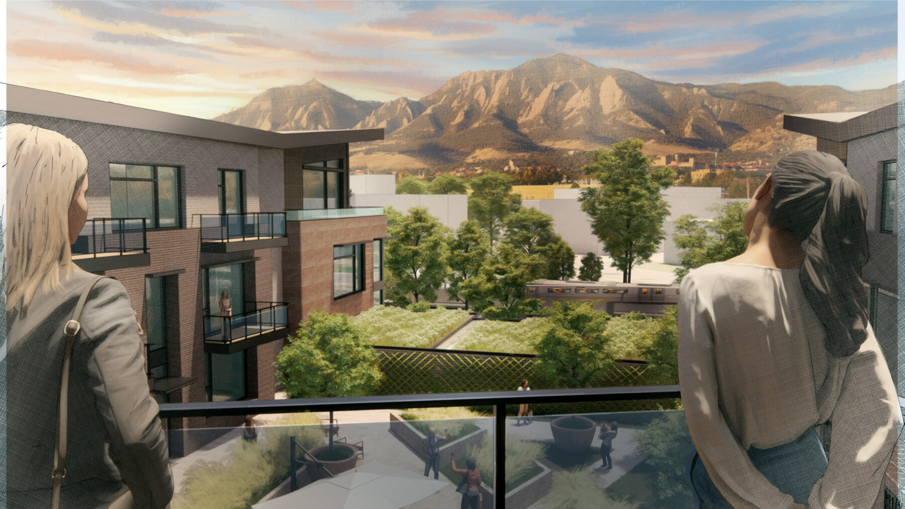 perspective rendering from a balcony overlooking the mountains