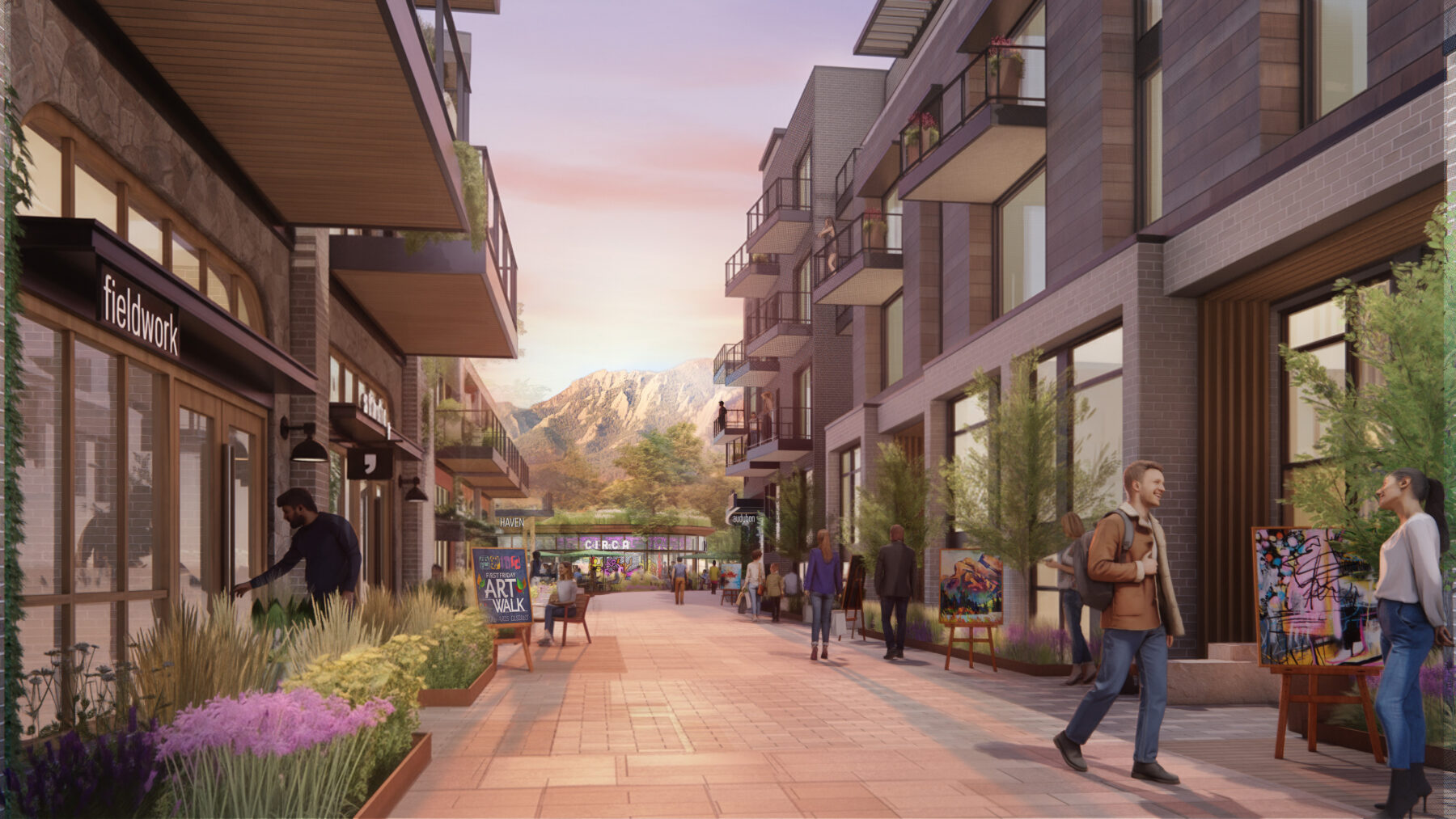 rendering of a pedestrian mixed-use corridor with people engaging with arts and culture