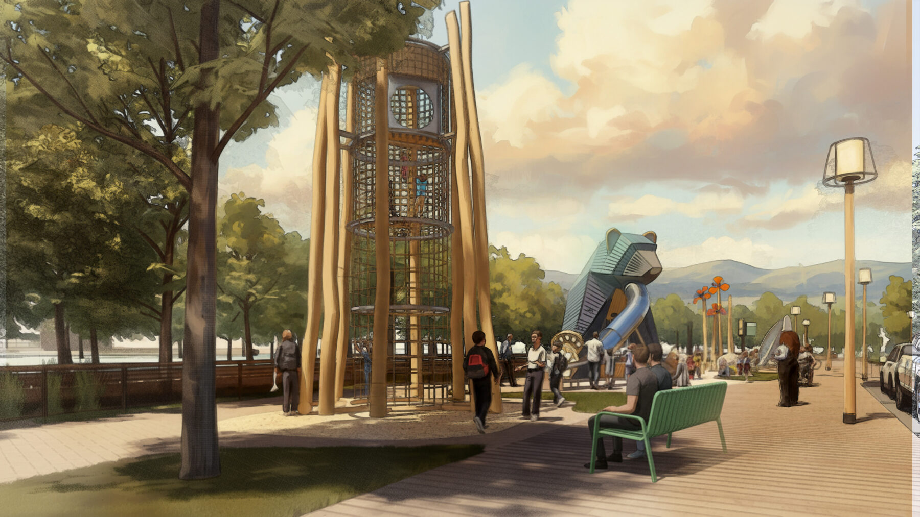 rendering of a playground with people gathering