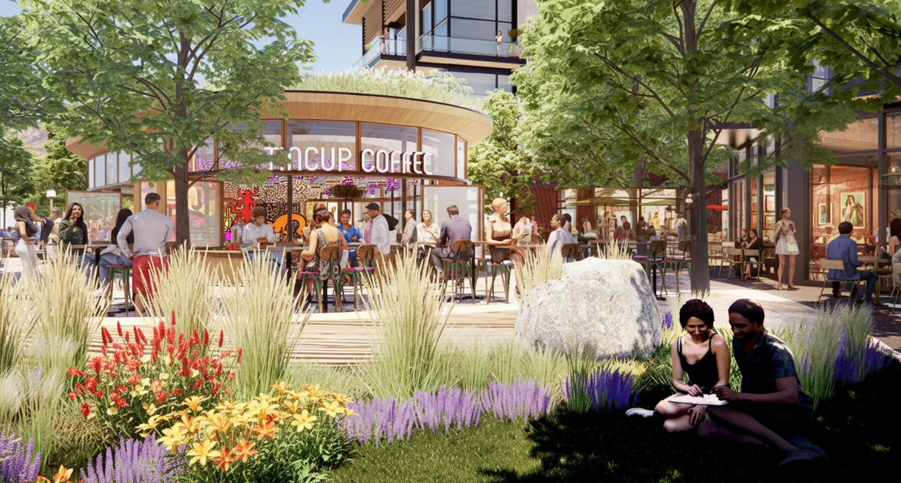 rendering of an open space showing two people sitting under a tree canopy and more people sitting on an outdoor coffee spot area