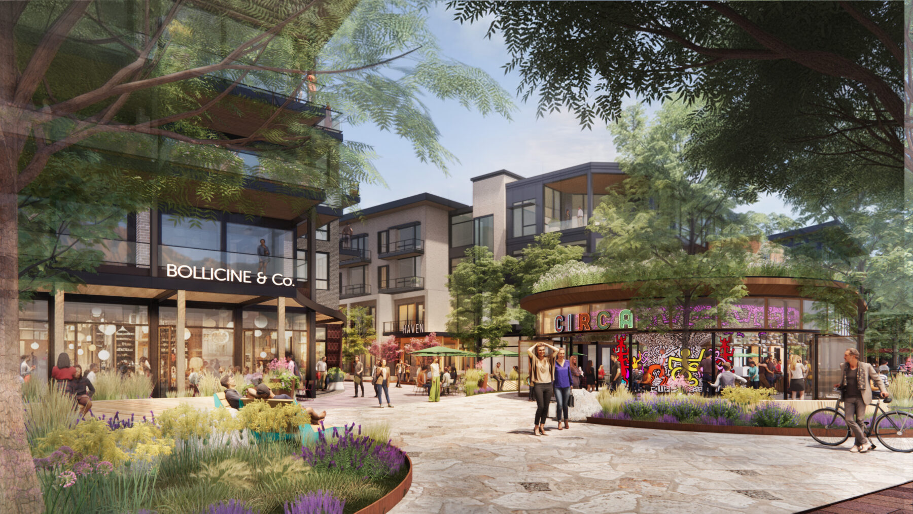 rendering of an entrance to a pedestrian area with pavilions, public art, and mixed-use buildings