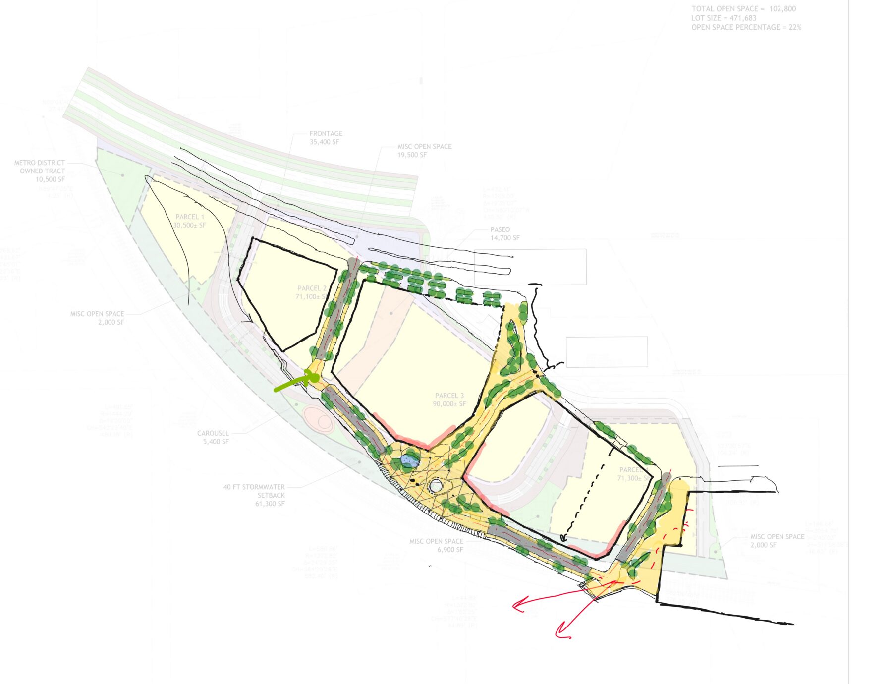plan defining the public plazas and corridors of the district