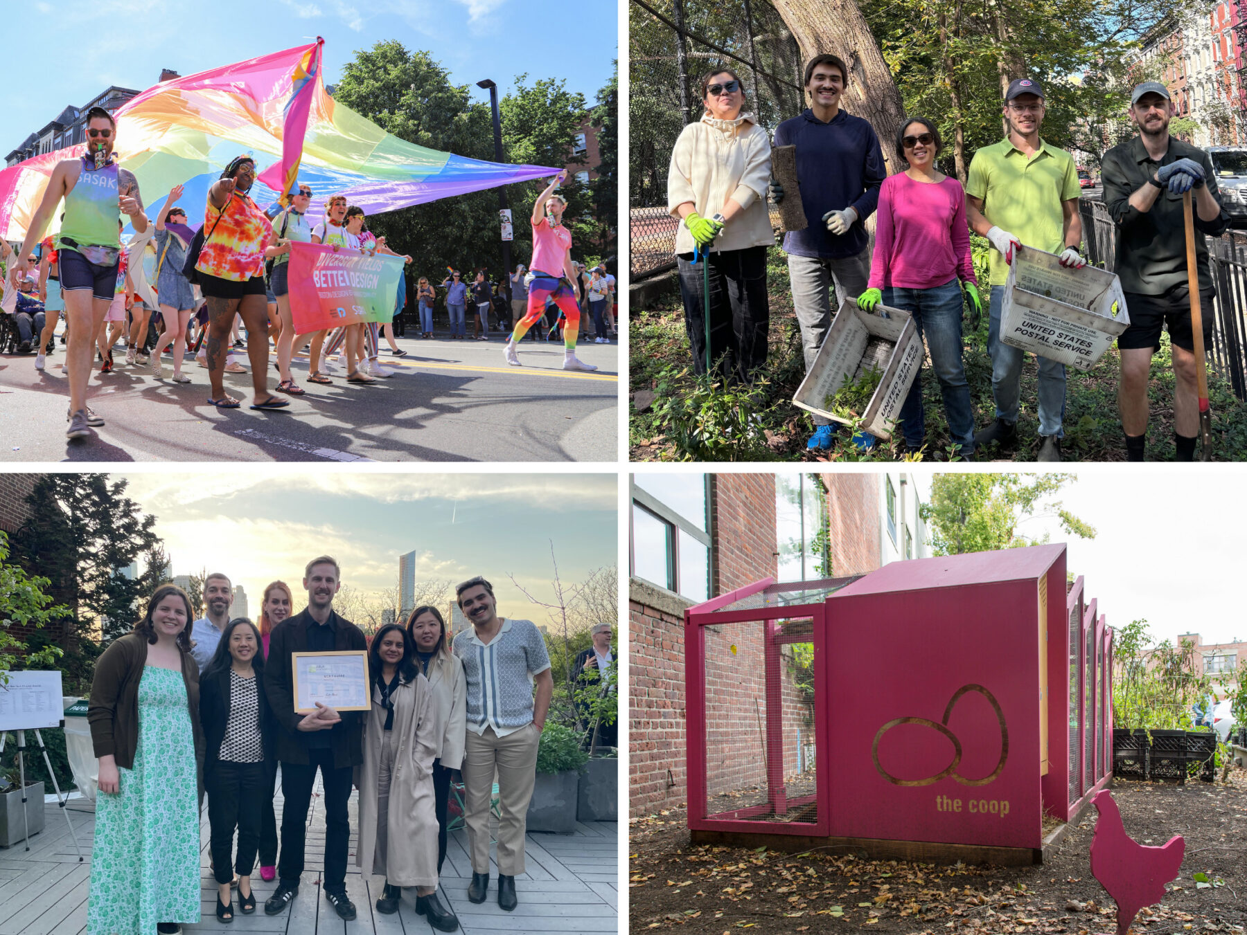 Three photographs of groups of people and one photo of a pink chicken coop all in a grid