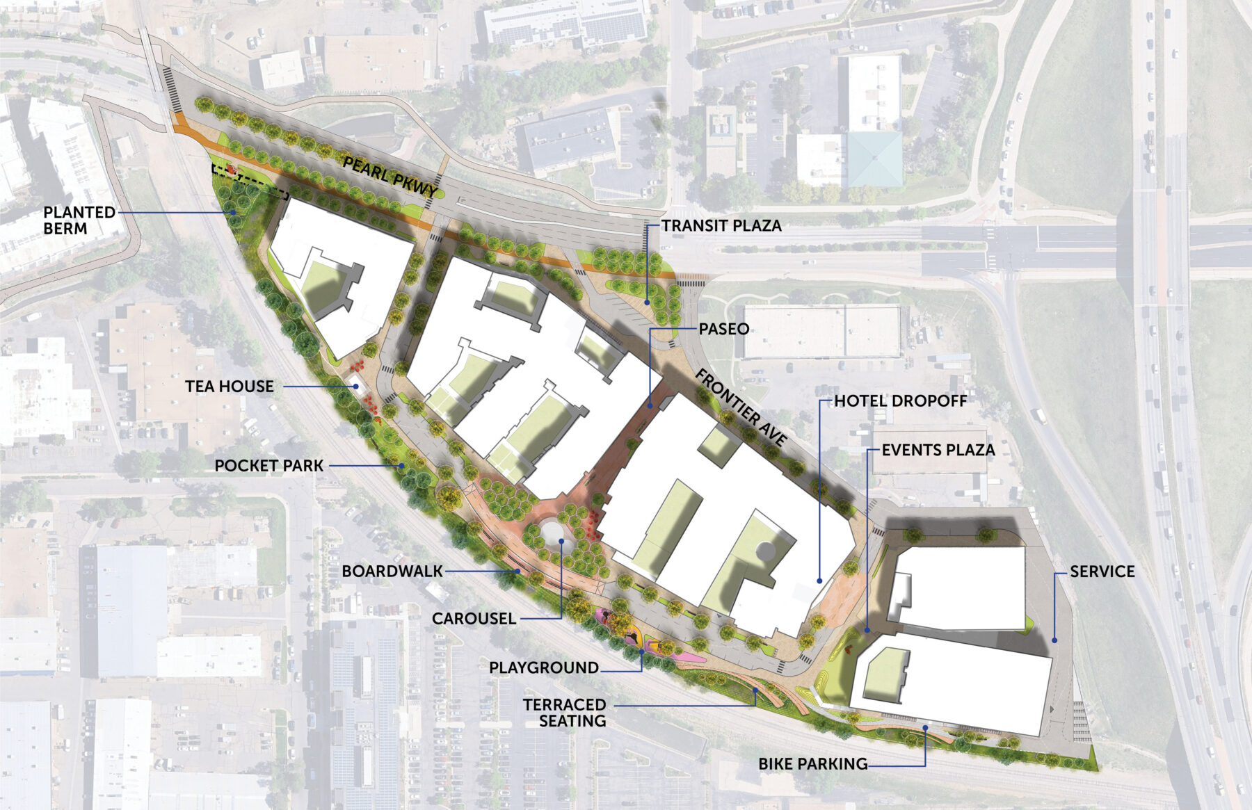 site plan defining the program in the district and within the linear park