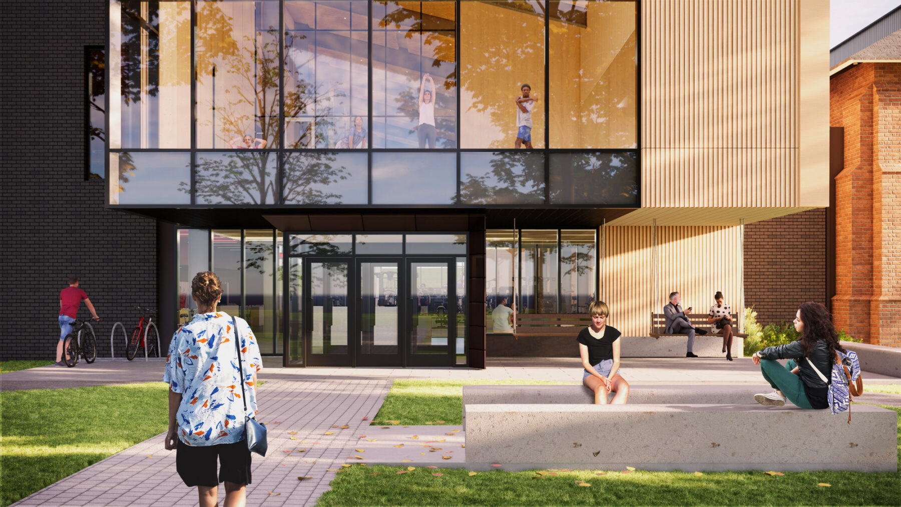 Rendering of main entry with transparent fitness studio on second level and people enjoying the exterior benches