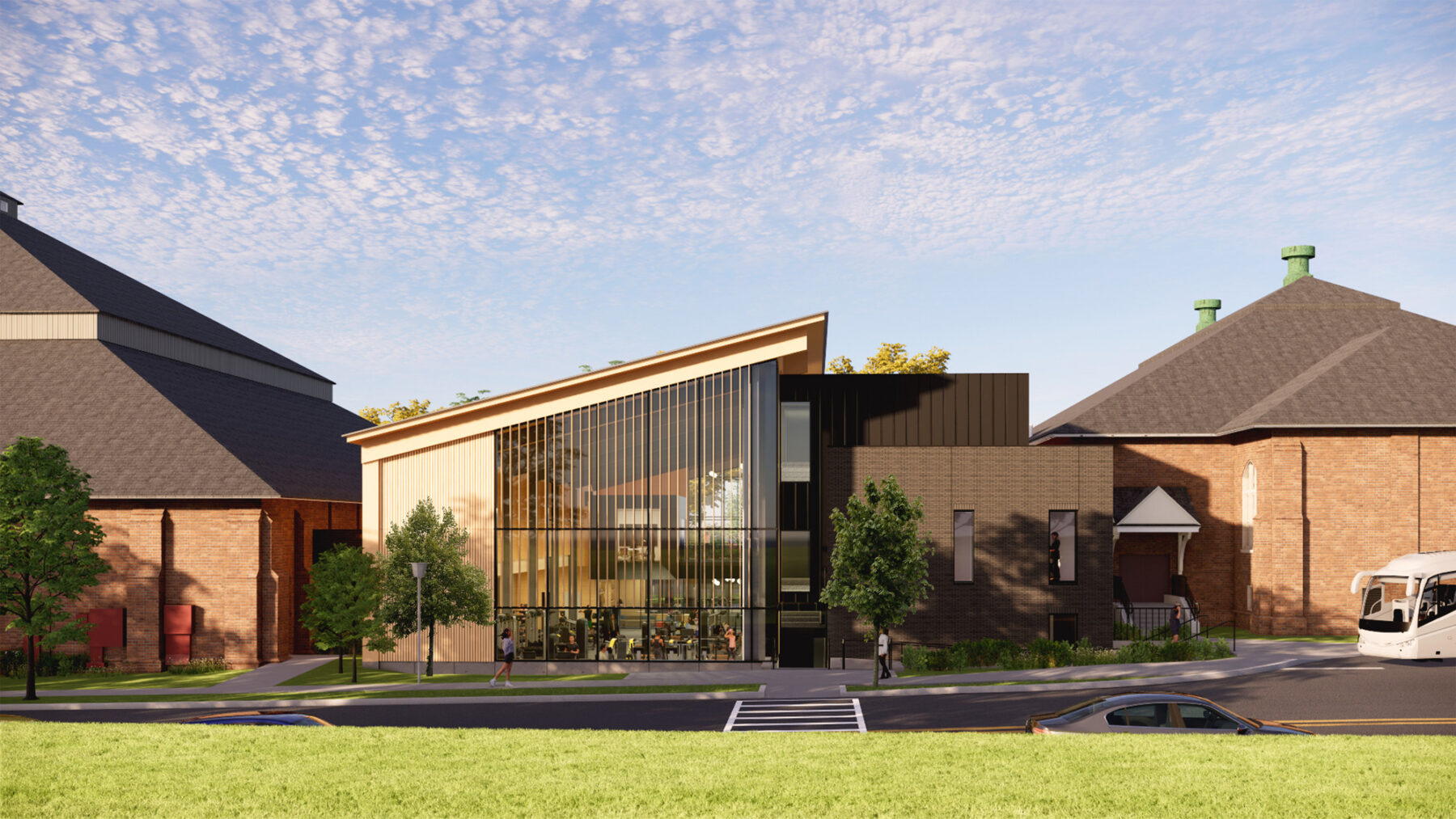 Rendering of new building entry from one side of campus