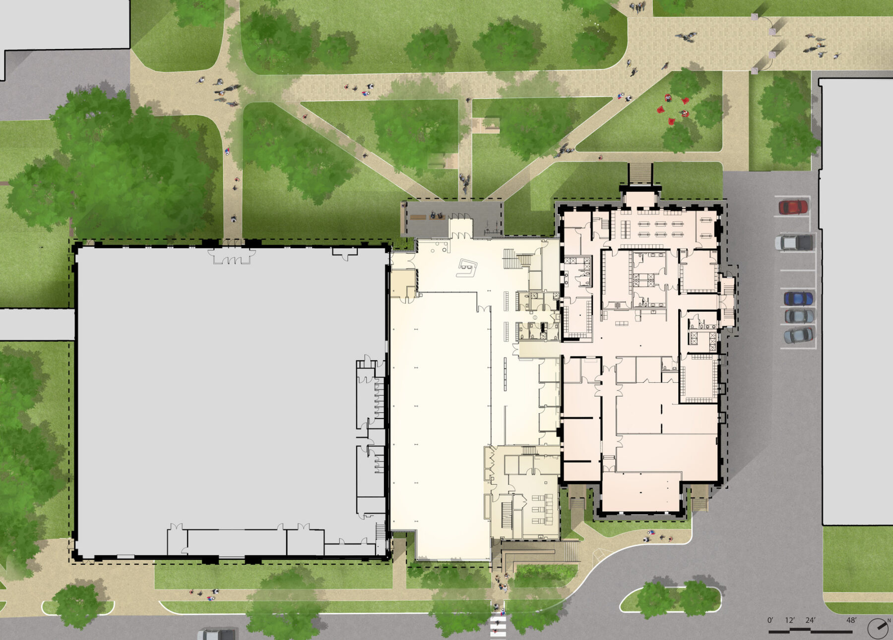 Site plan showing building footprint between two existing buildings and connecting to quad pedestrian pathways