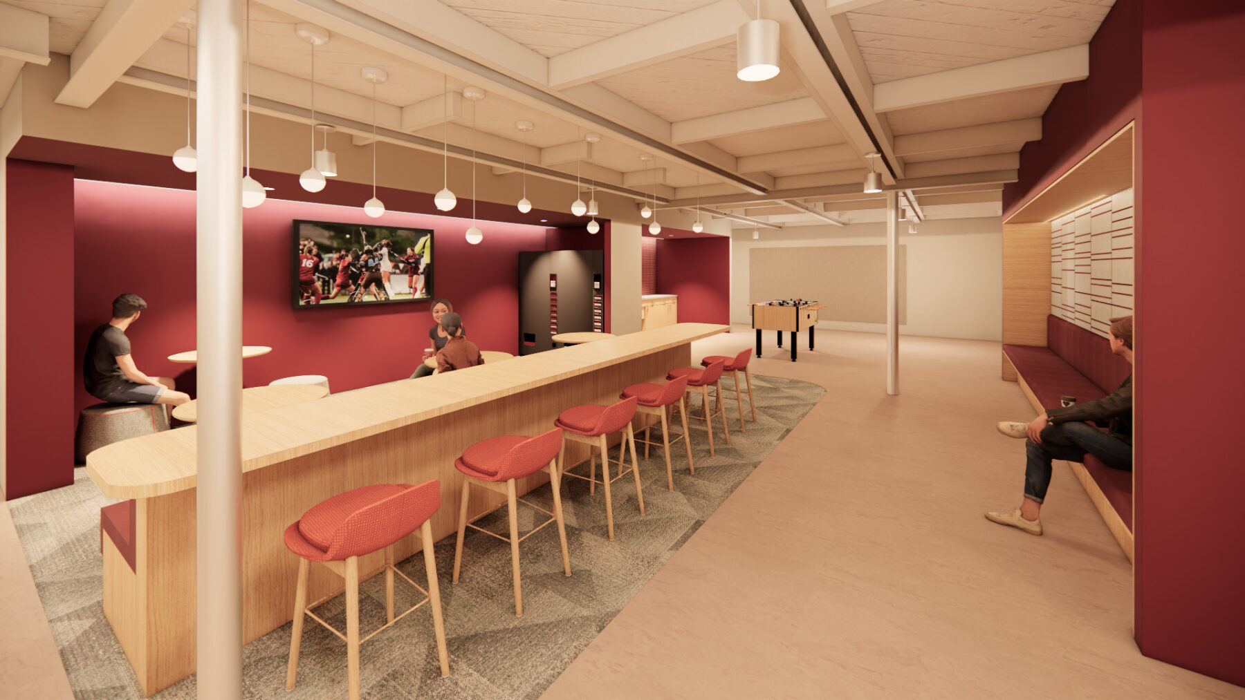 Rendering of student athlete lounge with bar stools and tv screen mounted on the wall