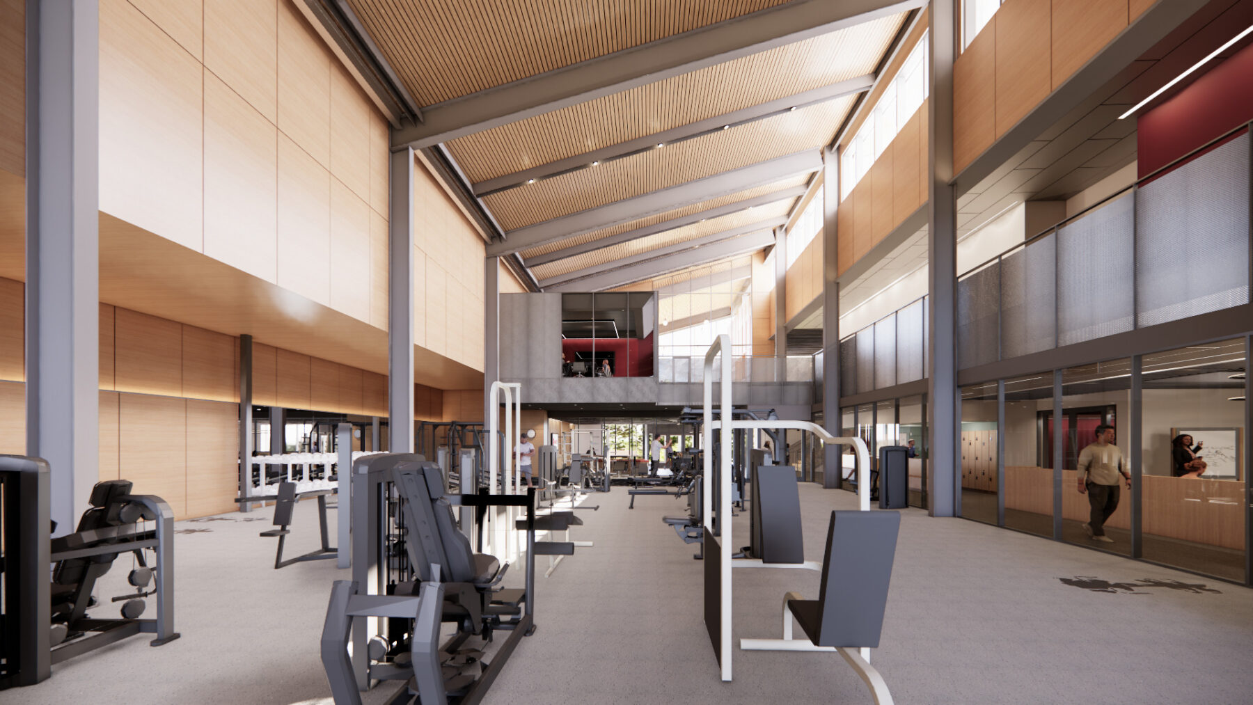 Rendering of double height fitness space with lines of equipment and views into bordering program spaces