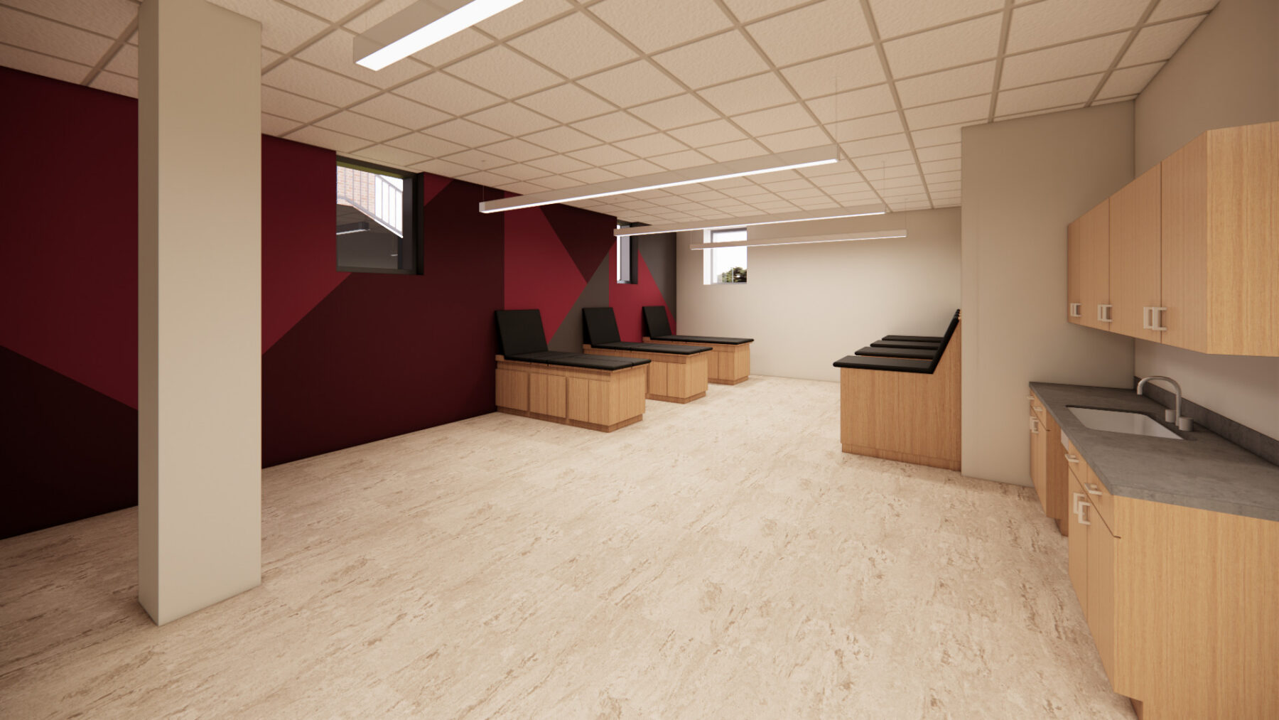Rendering of sports medicine space with treatment tables