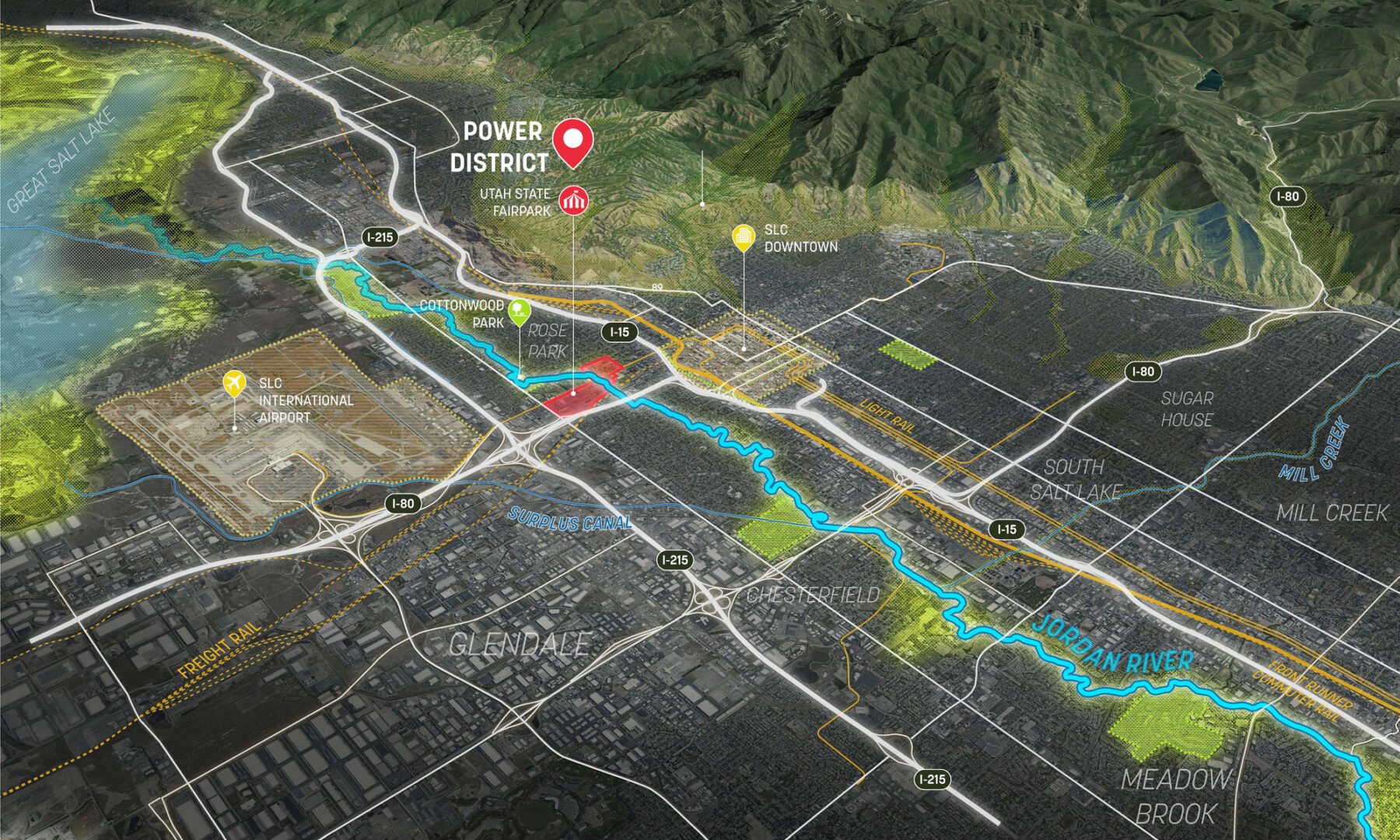 Aerial diagrammatic view of site in city context