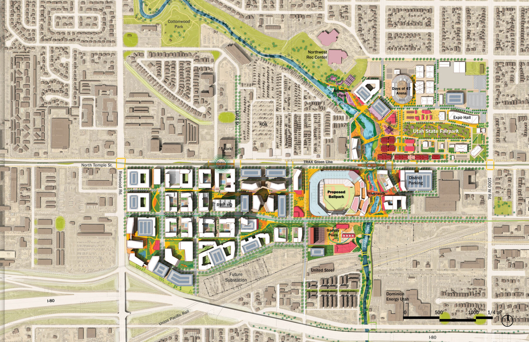 illustrative master plan of urban development in Salt Lake City along the Jordan River
