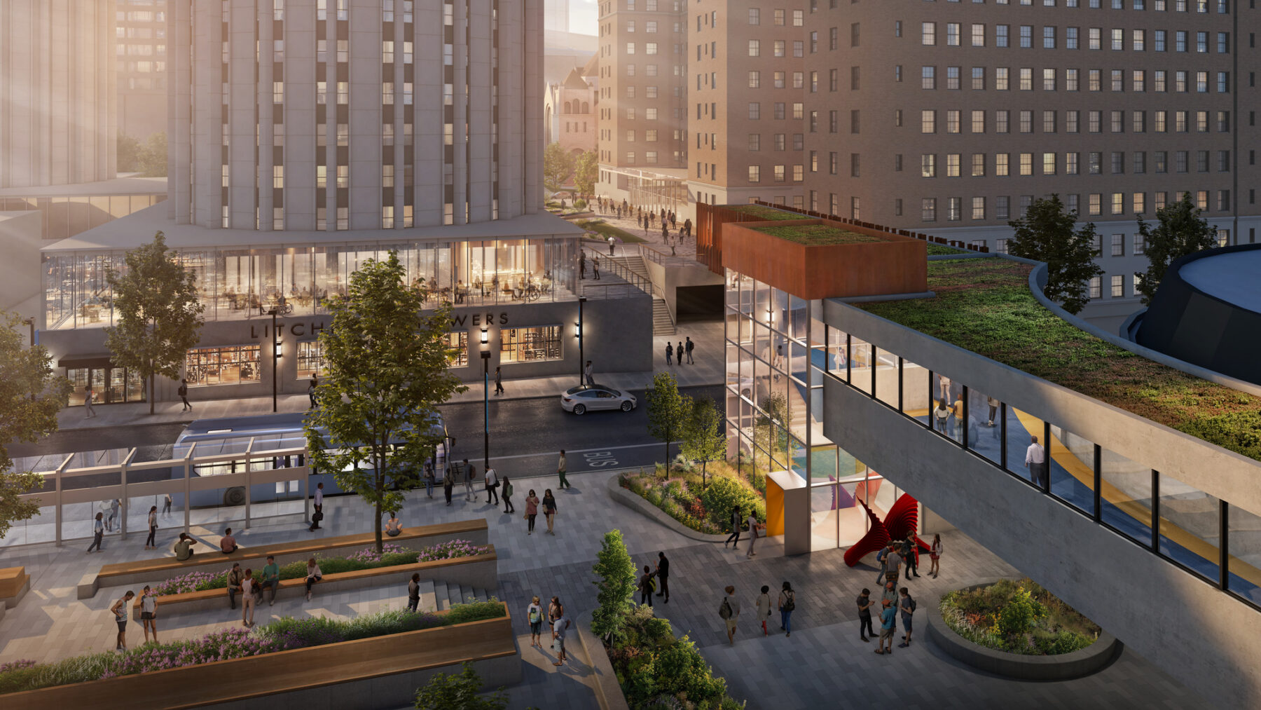 Rendering of public realm and mobility improvements at Barco Plaza