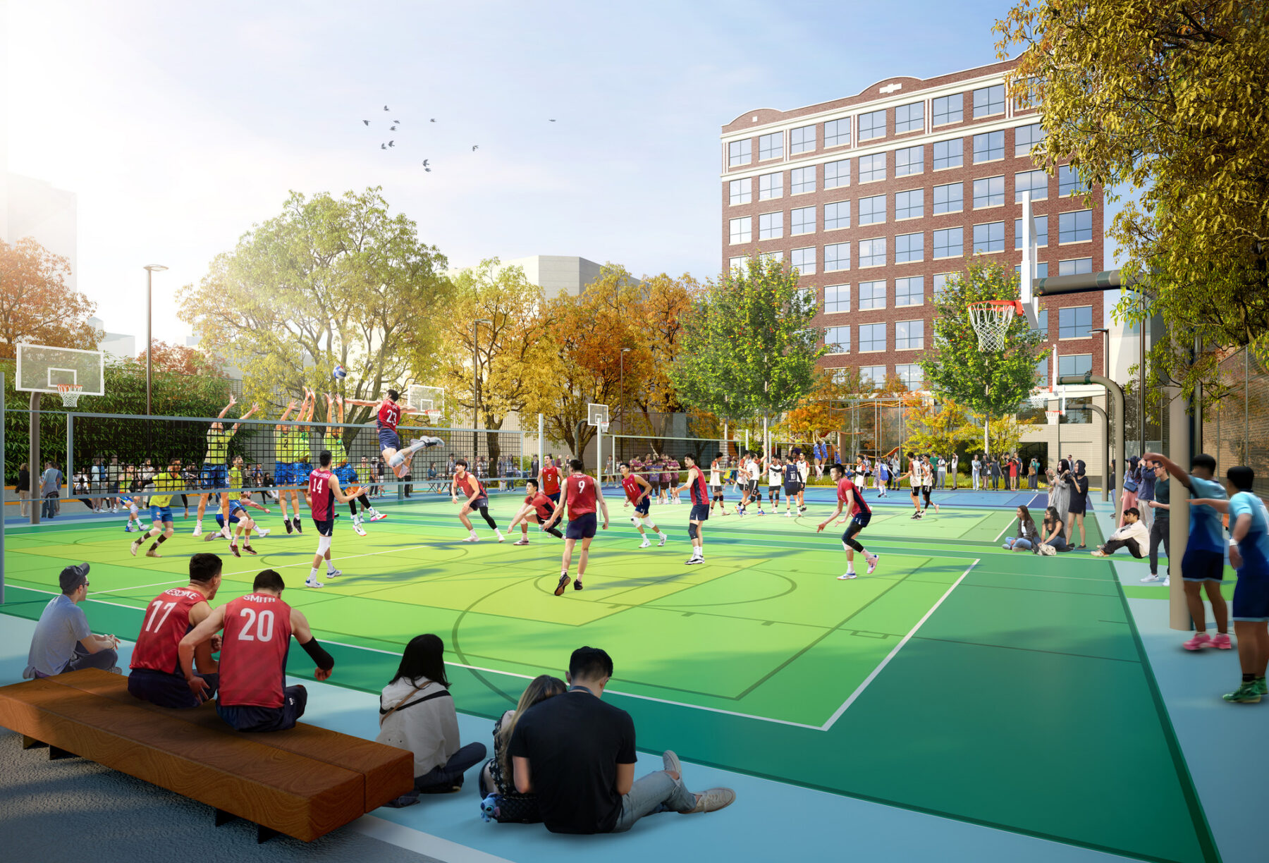 Rendering of an active volleyball court with people playing and others watching.
