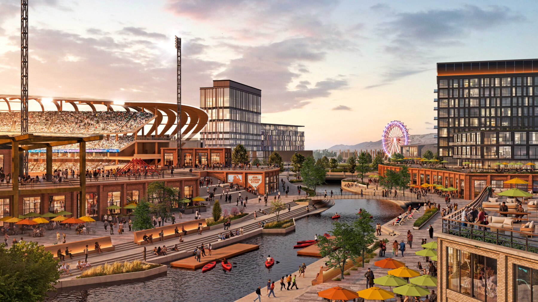 rendering of activated riverfront featuring a busy stadium on the edge, a riverwalk with piers, canopies, sitting, and bridges with multiple people walking and engaging in groups. Mixed-use buildings frame the river's edge
