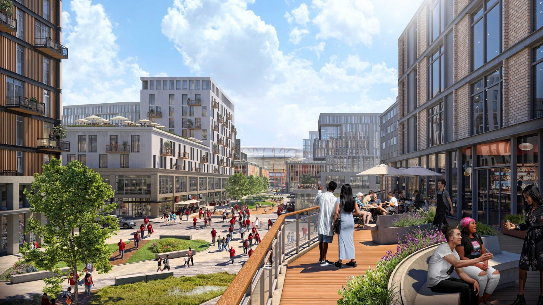 rendering from balcony view overlooking a pedestrian street connecting mixed-use development to sports stadium