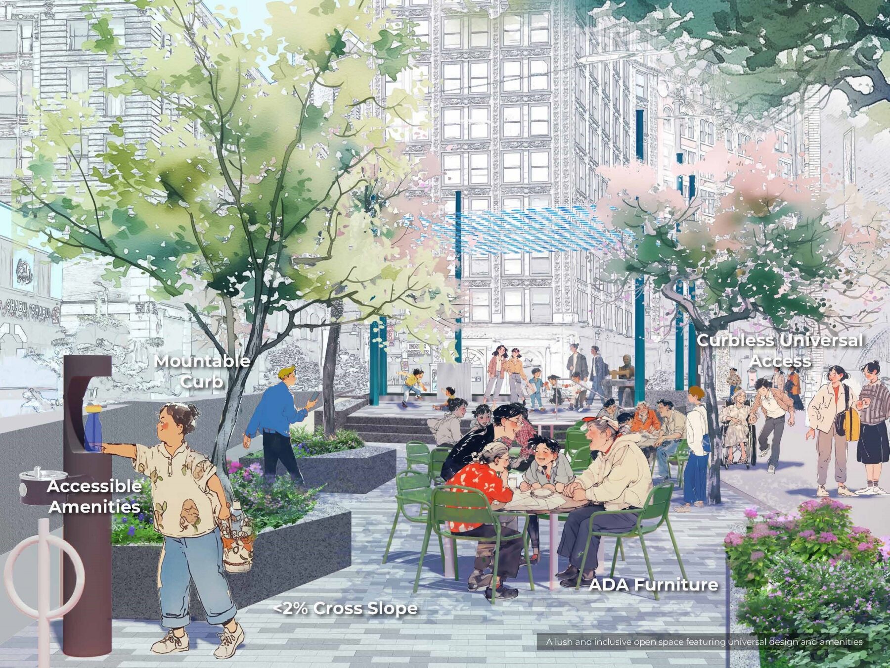 Rendering of a plaza with people sitting at tables