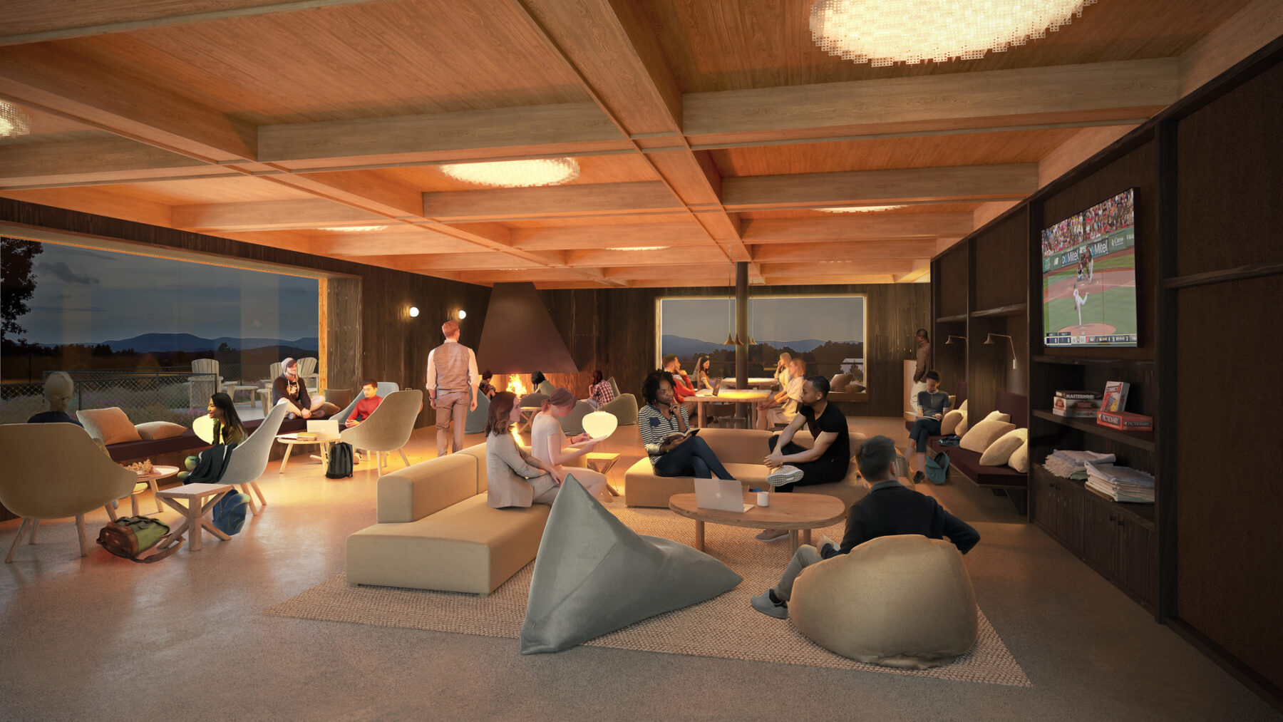 Rendering of student lounge with flexible furniture and students hanging out by the TV