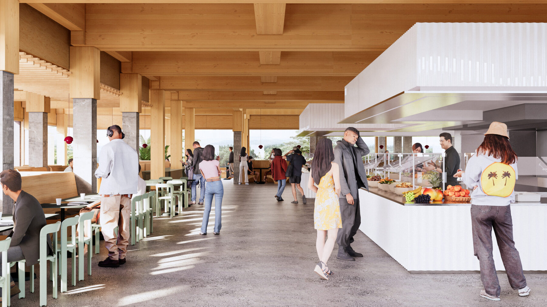 Rendering of main servery with salad bar and high wooden ceiling