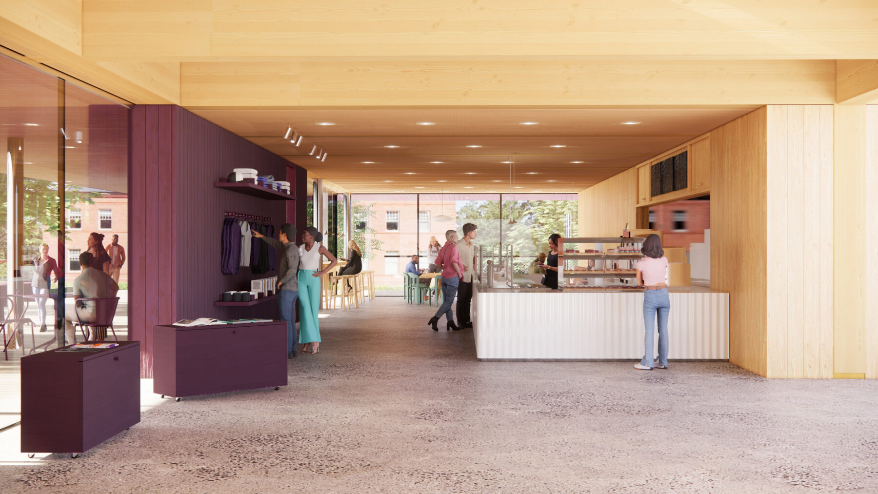 Rendering of entry with cafe and merchandise display