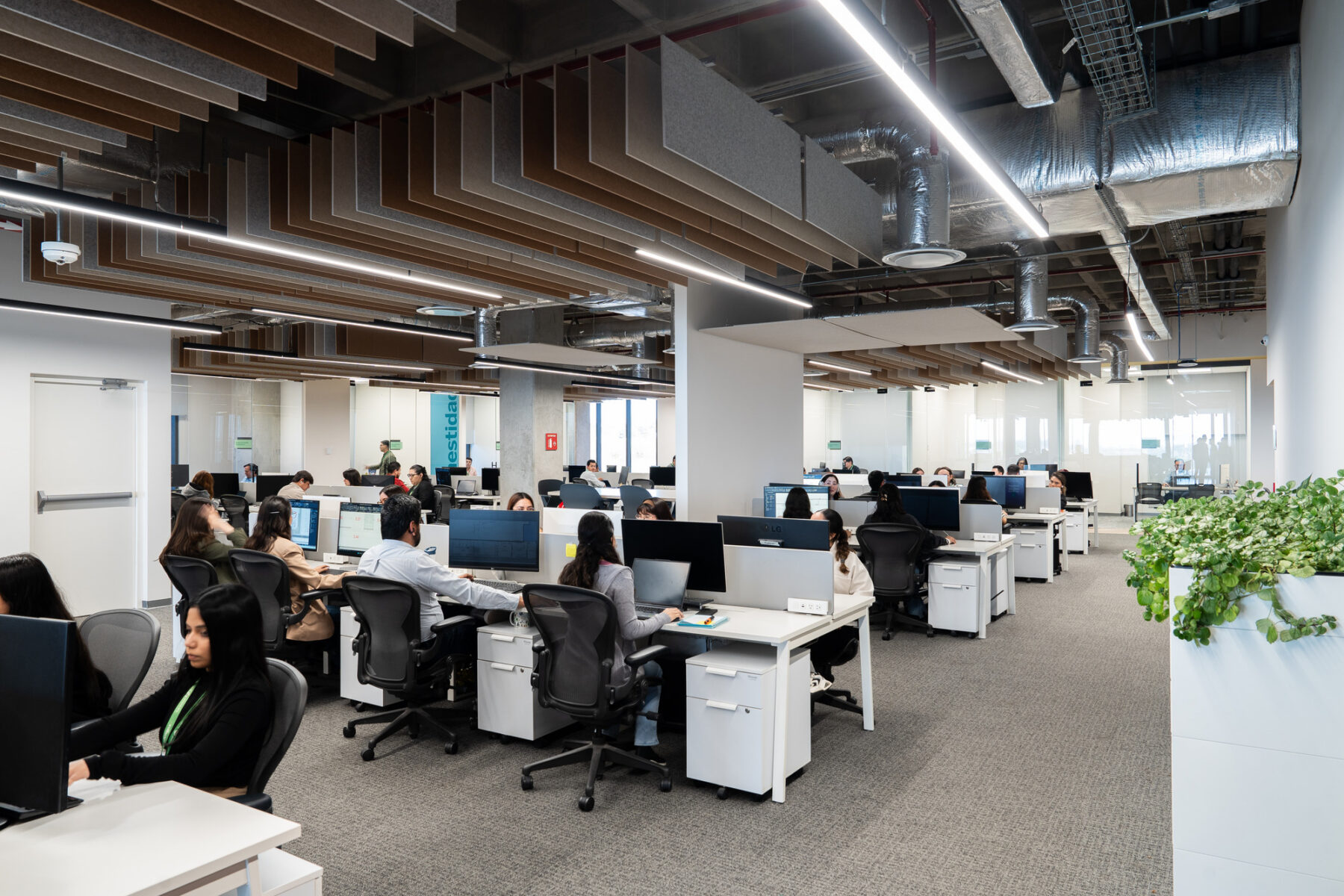 Interior photo of an open workspace showing people sitting at their desks working on monitors.