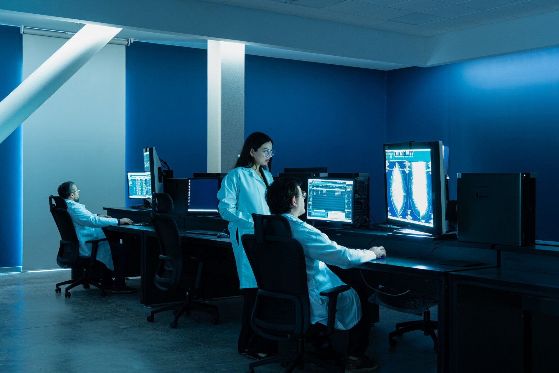 Interior photo of telerad laboratory emitting blue light creating a blue wash over the enclosed room
