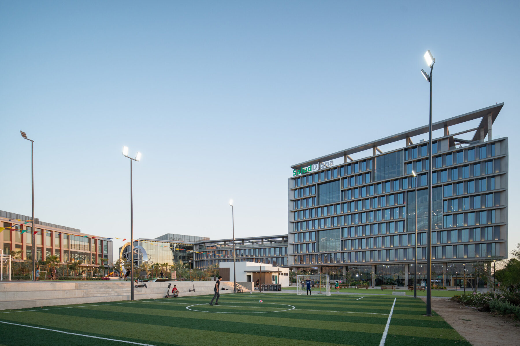 Photo from soccer field looking at Salud Digna headquarters' main facade