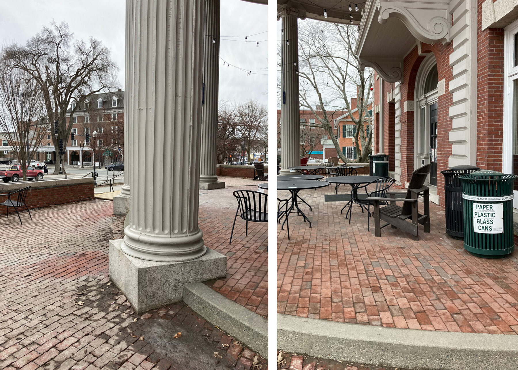 Photos of the Collis Center porch pre-renovation with columns, unorganized furniture, and brick surface