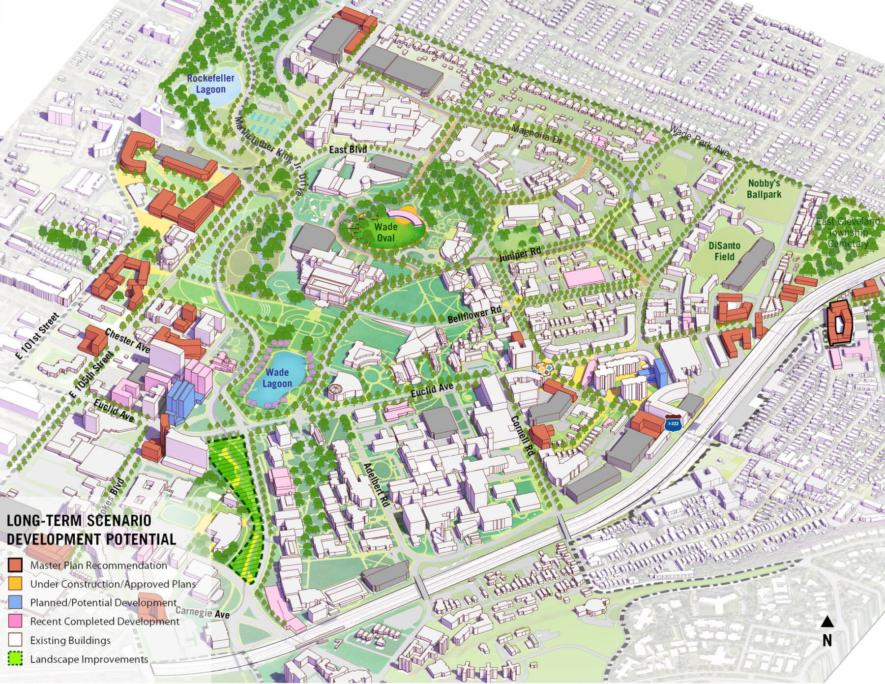 Axonometric drawing of long term development potential for the University Circle district