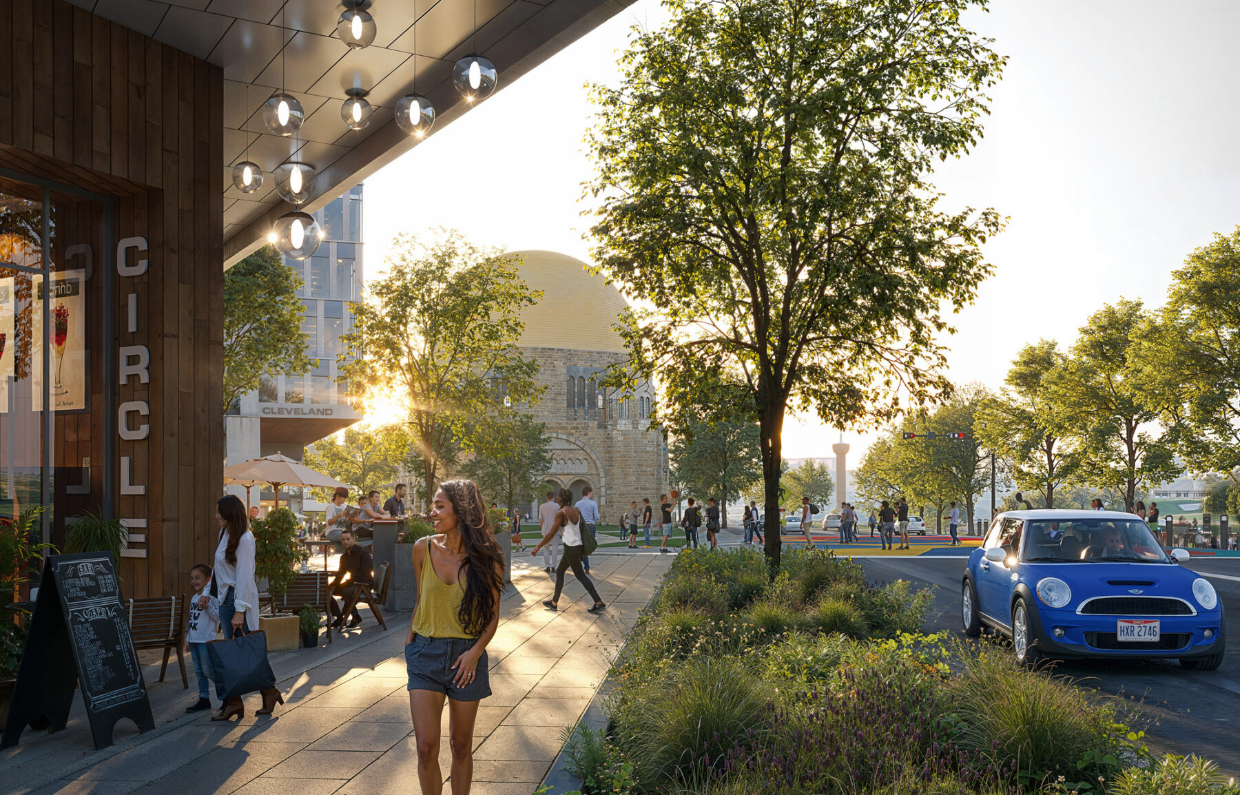 Rendering of streetscape showing people walking outside in Cleveland, OH