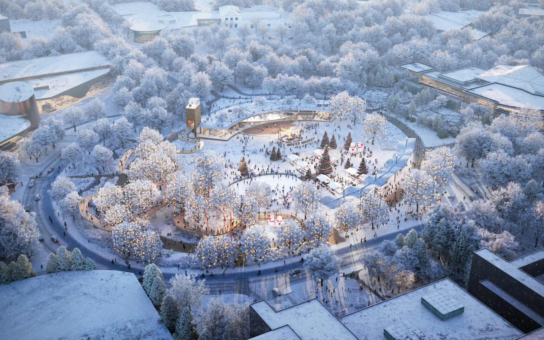 Rendering of Wade Oval covered in snow in the winter