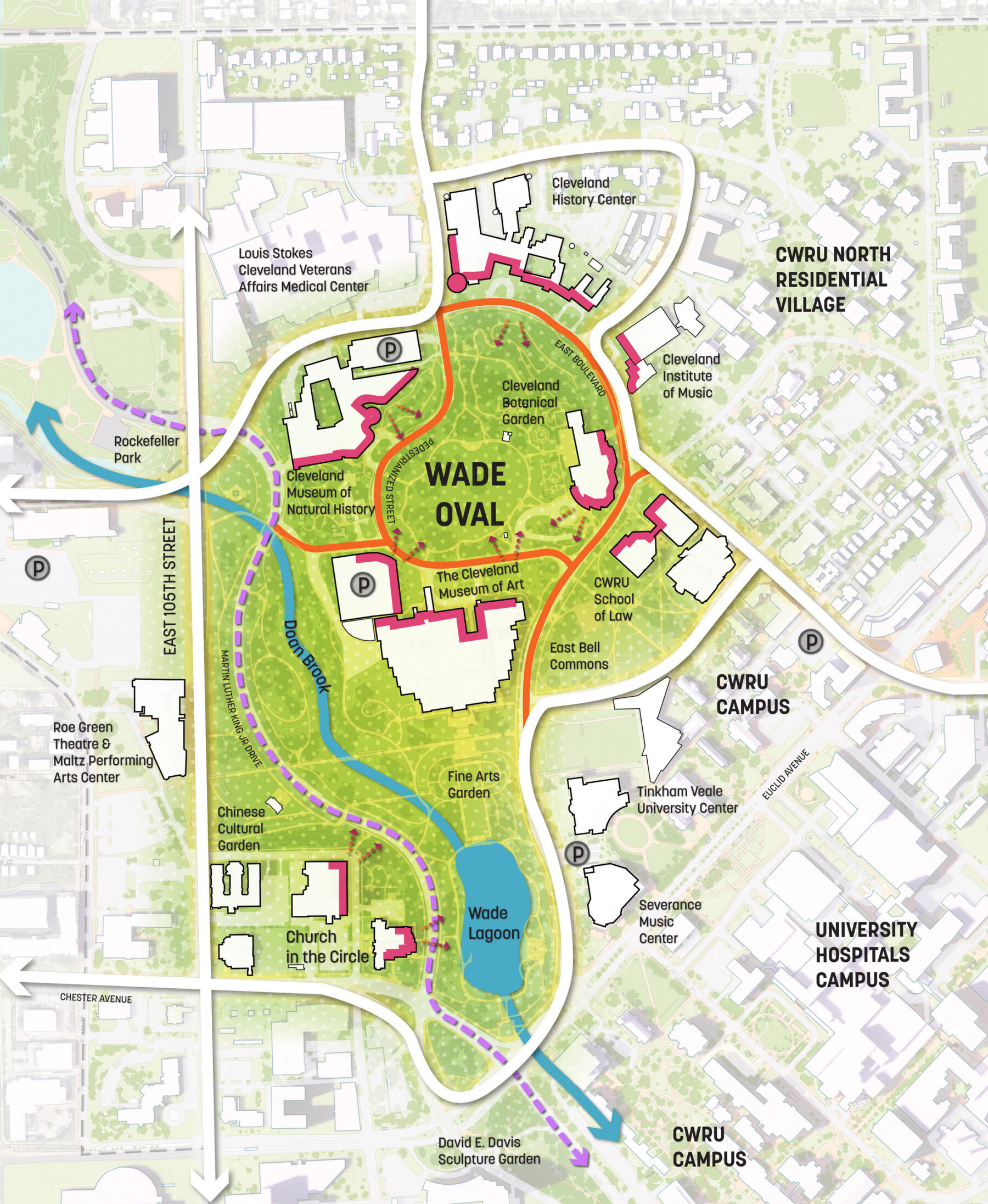 Site plan diagram showing the Wade Oval as the cultural core of the district