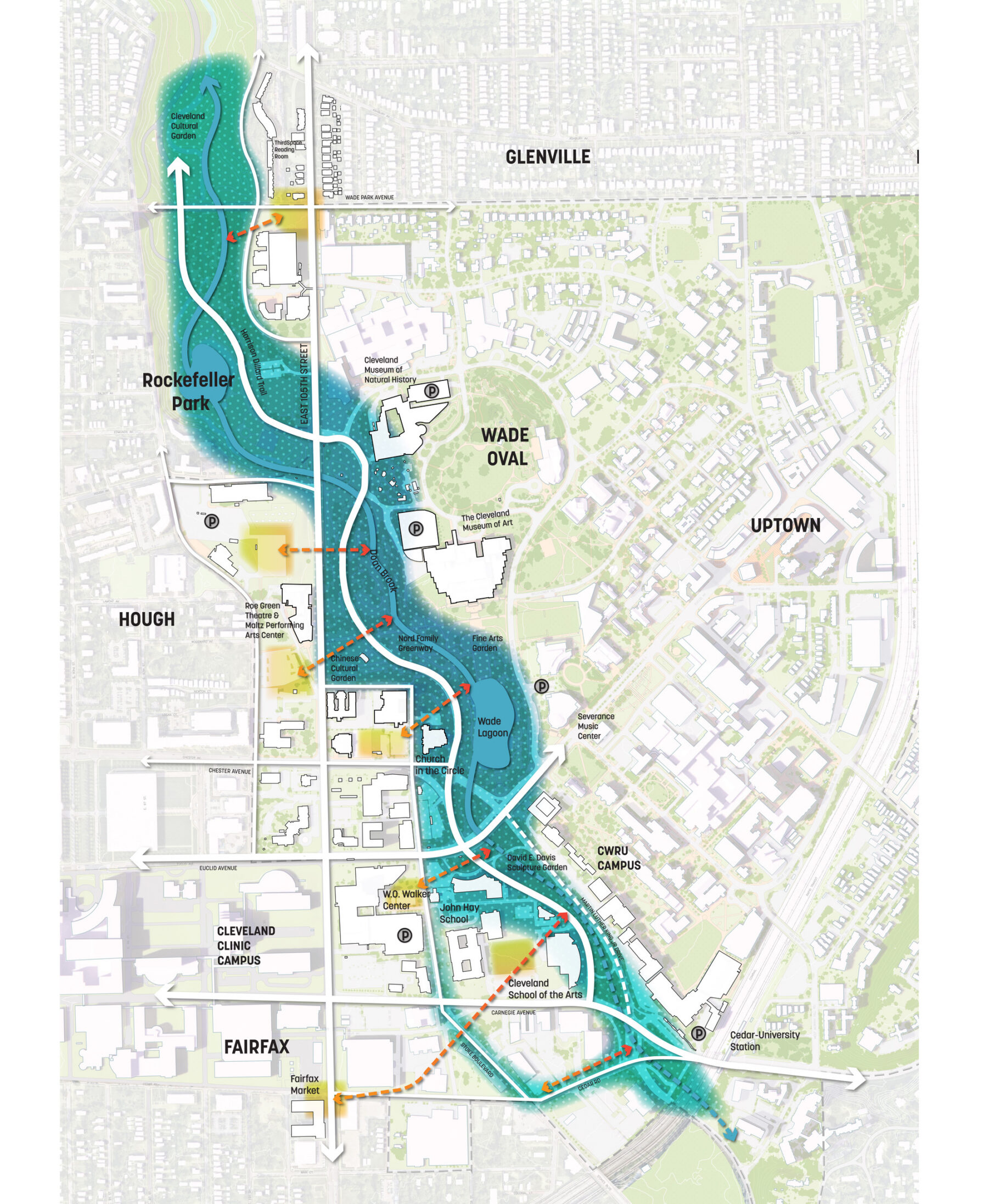 Site plan diagram showing public amenities in relation to the Rockefeller Park