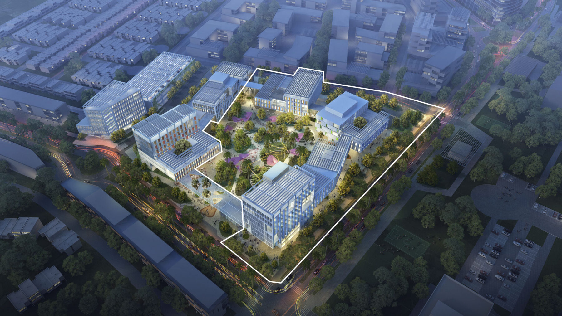 Aerial render at dusk showing the vision for the full master plan implementation for Salud Digna campus, with phase one outlined.
