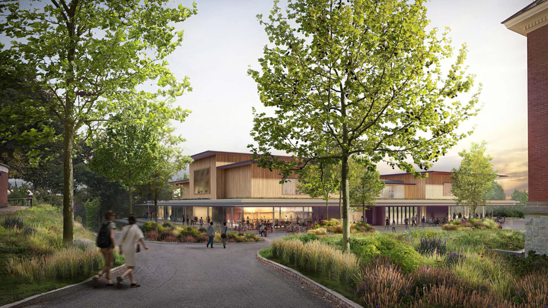 Rendering with external view of new Student Center approaching from a pedestrian pathway lined with trees and plantings